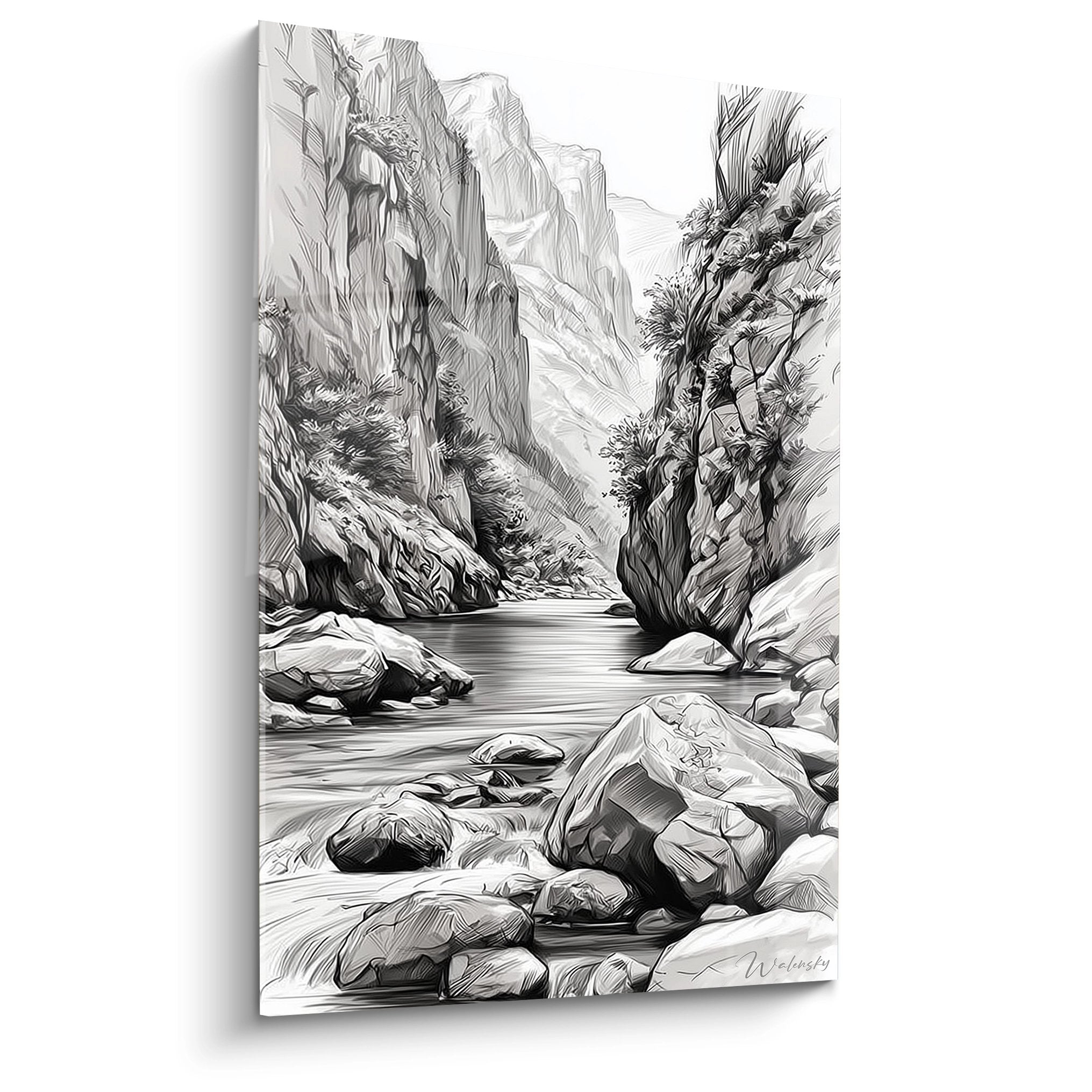 Tableau mural canyon rocheux avec rivière cristalline et gorges profondes art déco nature