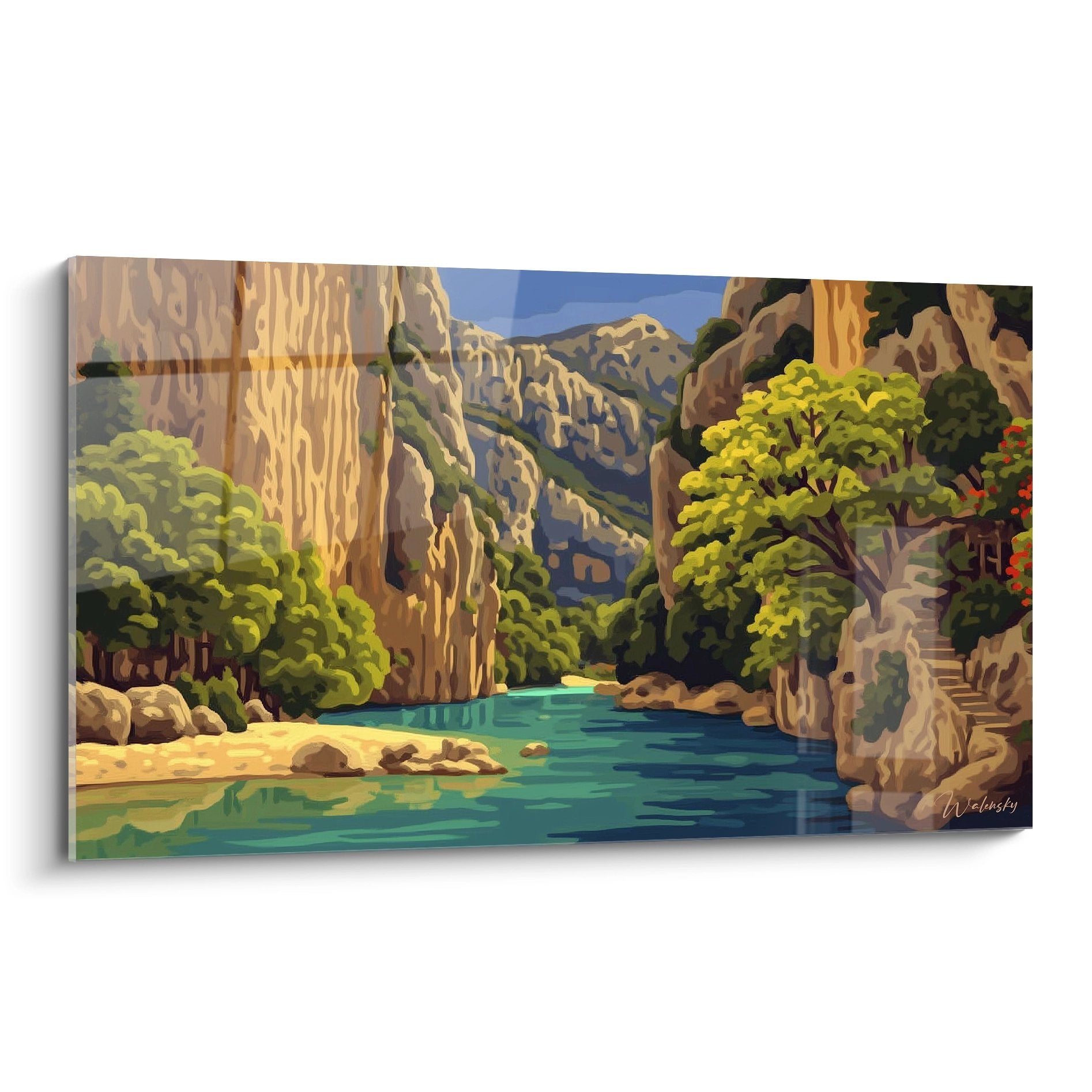 Tableau mural canyon tropical avec oasis turquoise et falaises dorées, décoration paysage naturel