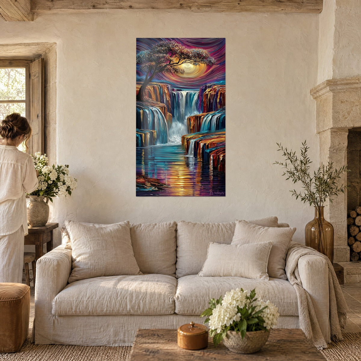 Tableau chutes d'eau psychédéliques, falaises cuivre et turquoise, soleil doré, personne de dos au-dessus d'un canapé dans un salon lumineux