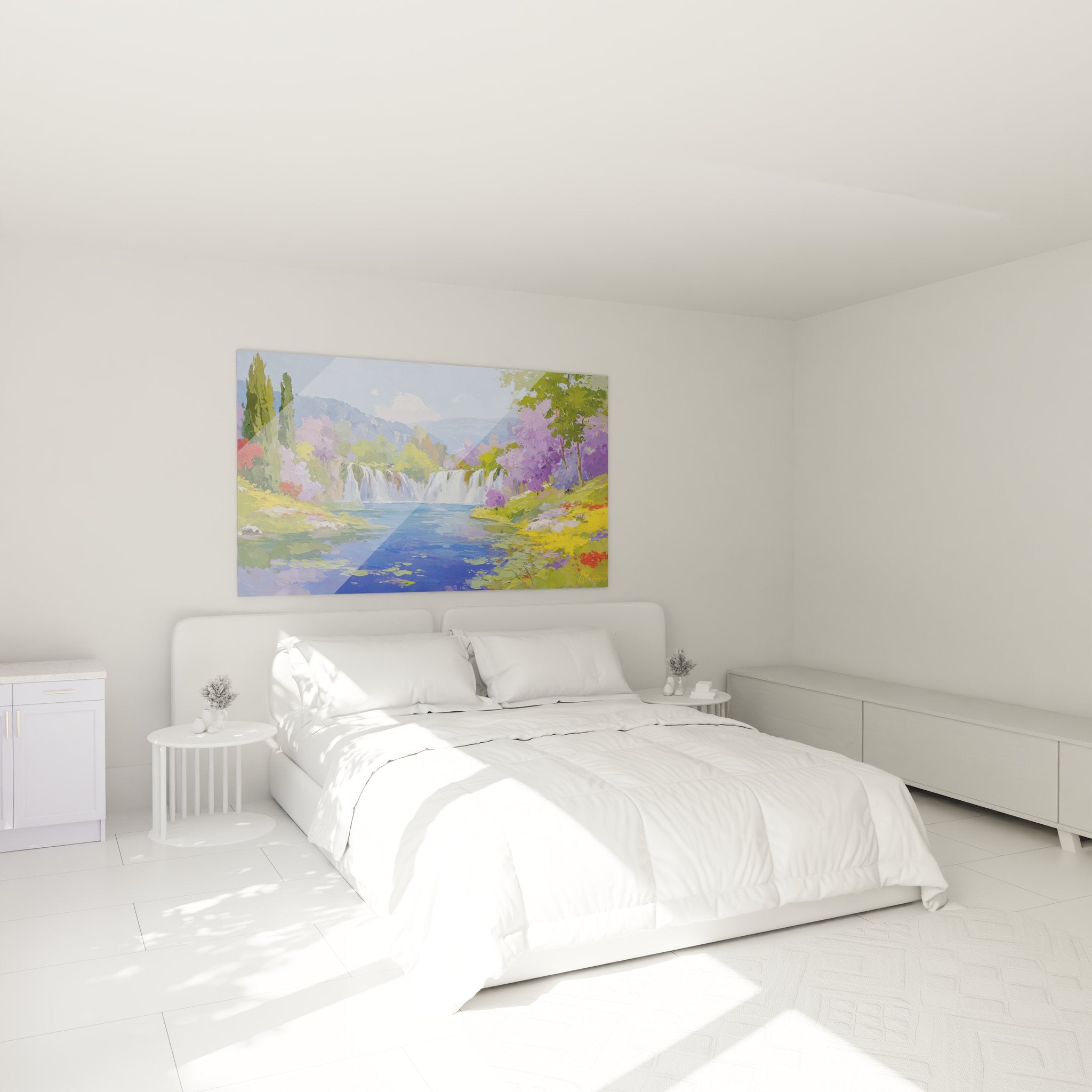 Tableau mural cascade dans chambre moderne, ambiance zen et apaisante pour décoration intérieure