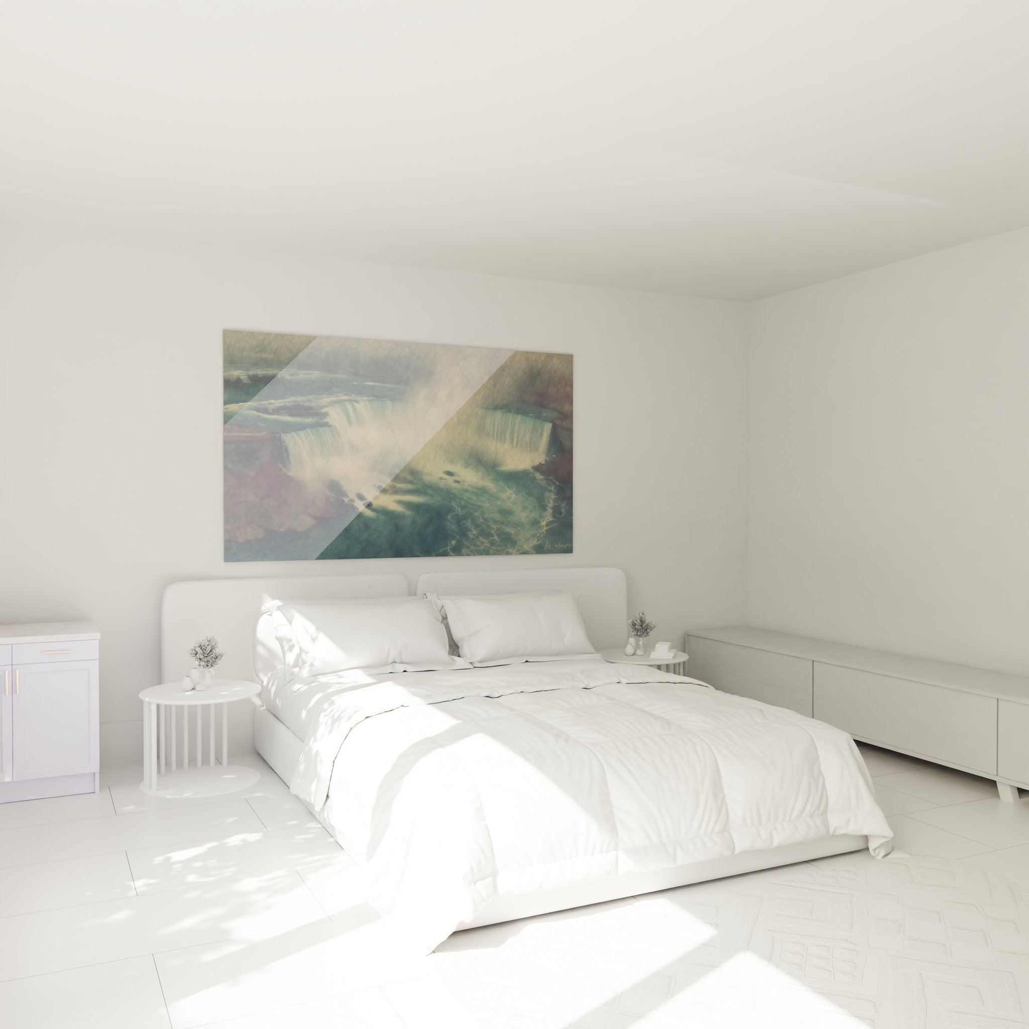 Tableau mural cascade mystérieuse en ambiance chambre, décoration zen avec chutes d'eau brumeuses tons bleus dorés