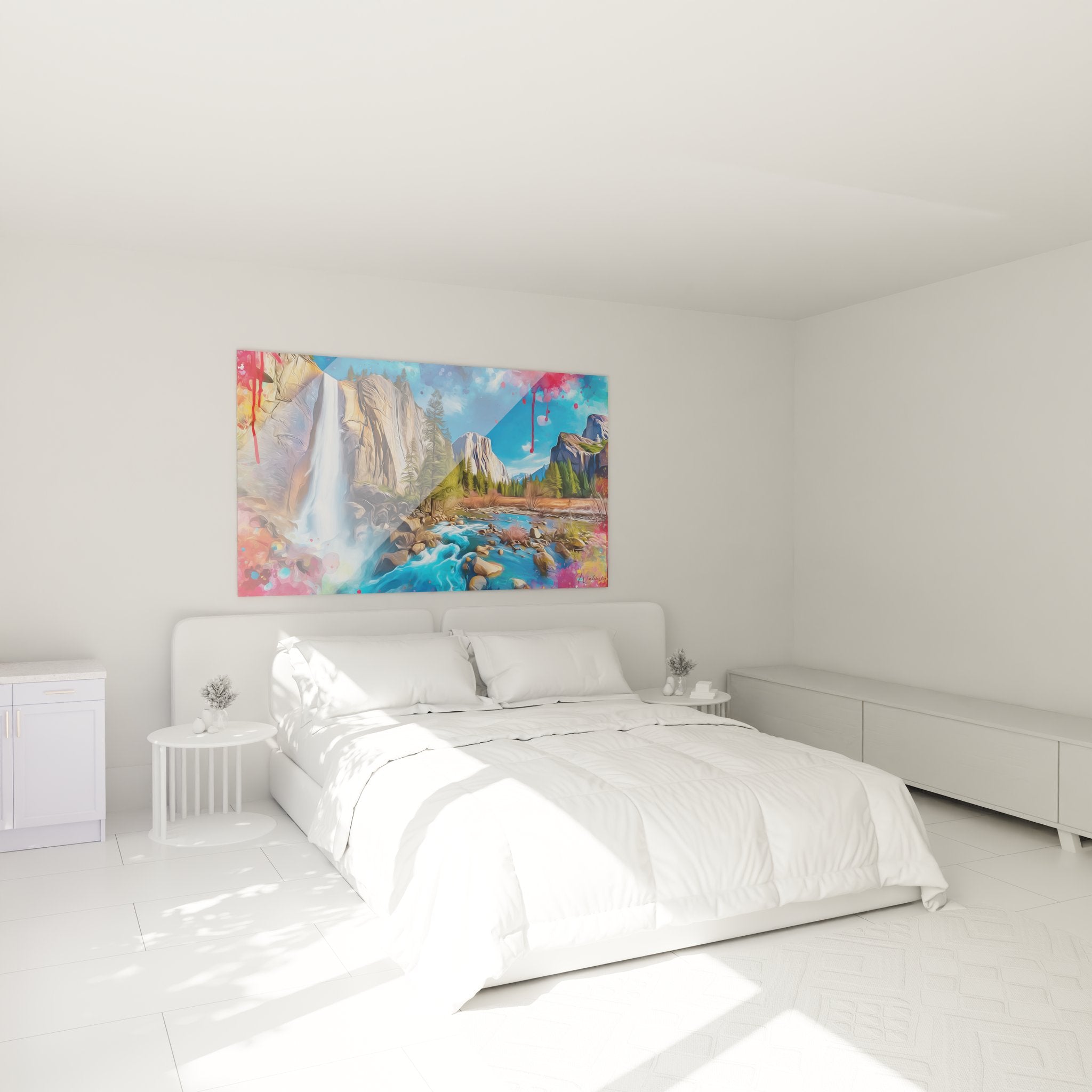 Tableau mural cascade nature dans ambiance chambre moderne décoration murale apaisante