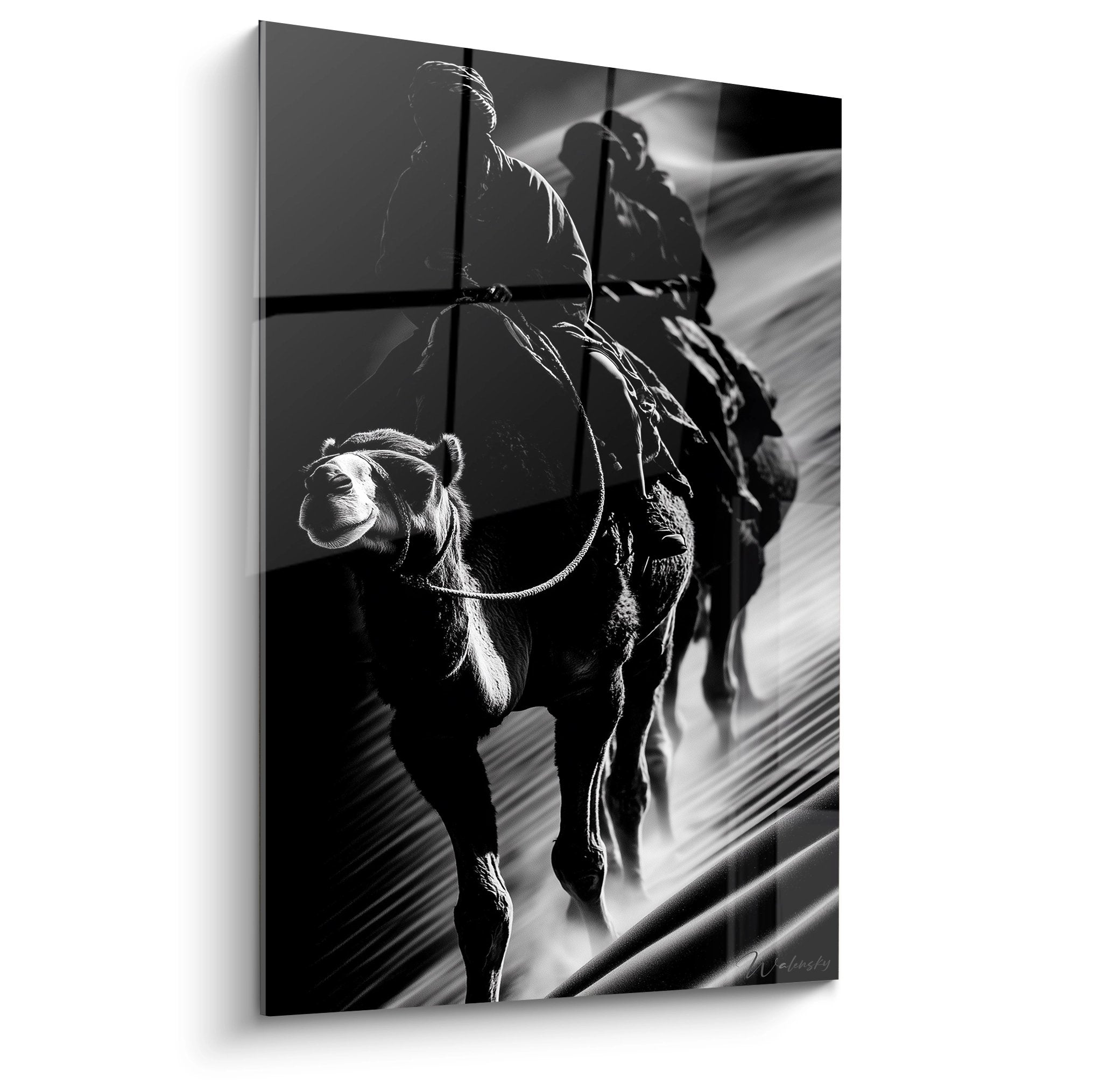 Tableau mural chamelier et chameau traversant dunes désert noir blanc décoration orientale