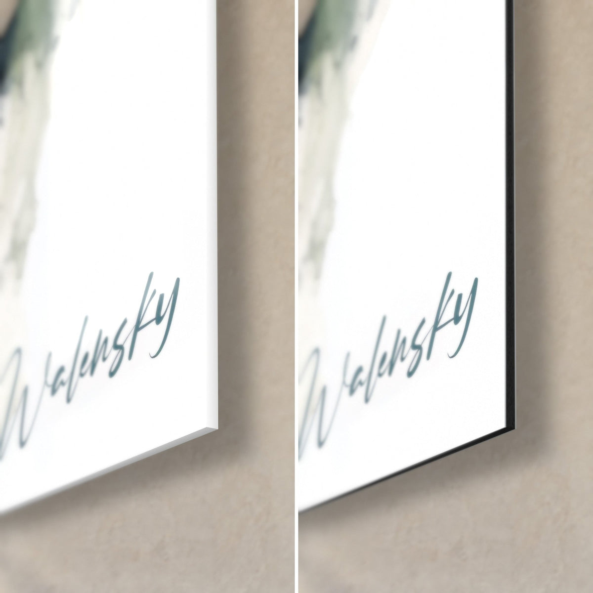 Wall art blue merle dog in watercolour, lower right corner, grey Walensky signature, glossy glass on the left, matt black Dibond