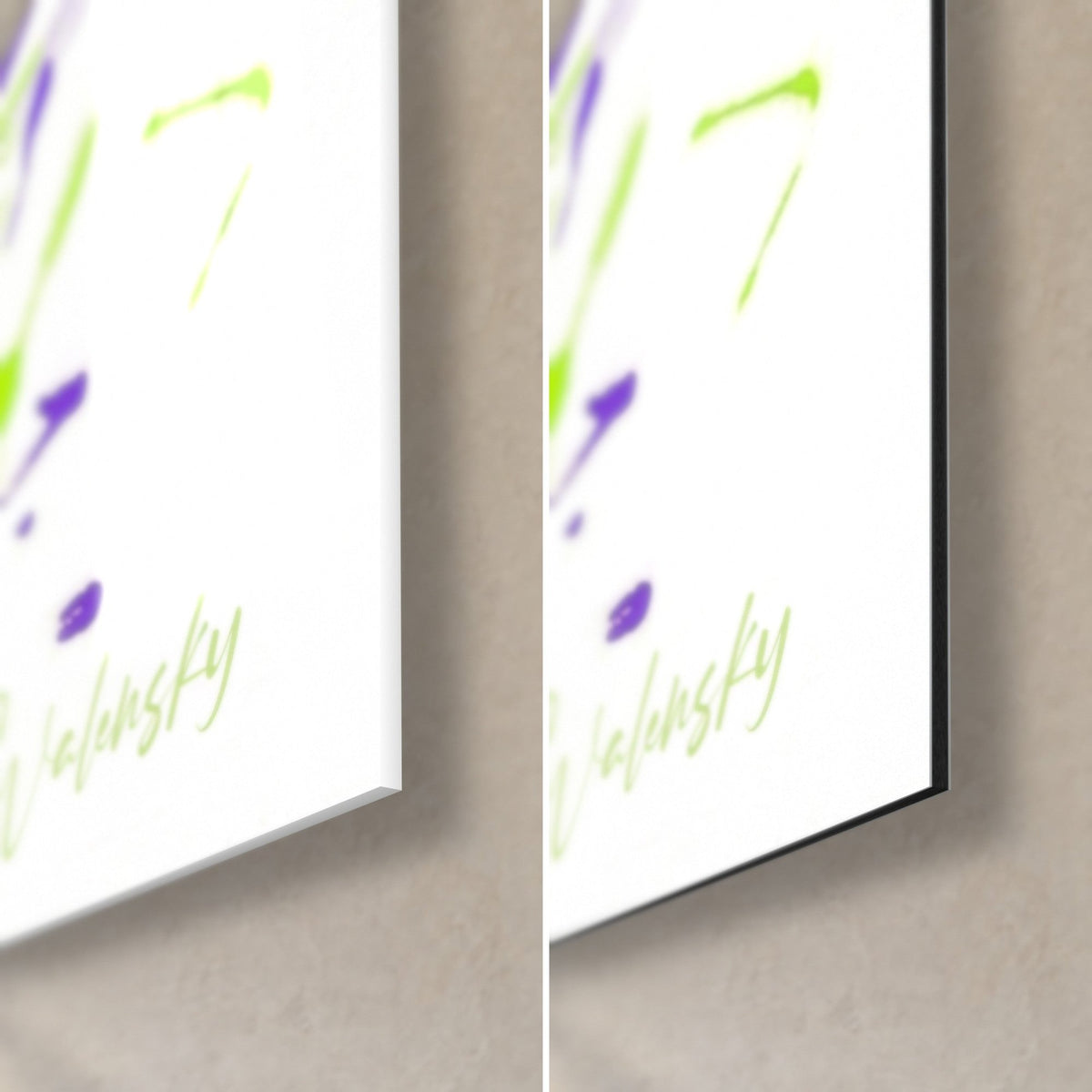 Wall art russet butterfly dog, bottom right corner: glossy acrylic glass on the left, matte black Dibond on the right, 3 mm edge
