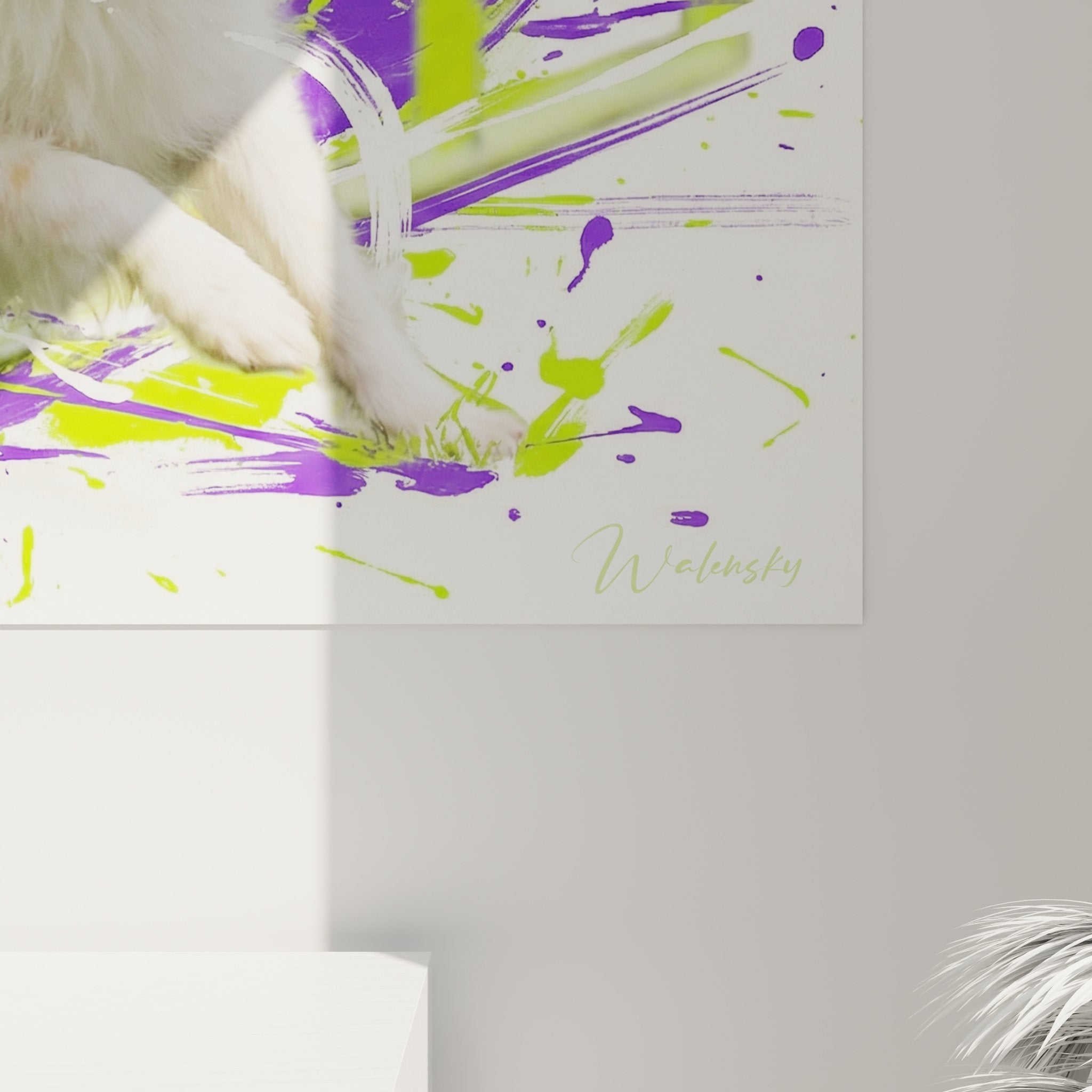 Vue ensemble tableau mural Chien Papillon explosion couleurs vertes violettes decoration interieur