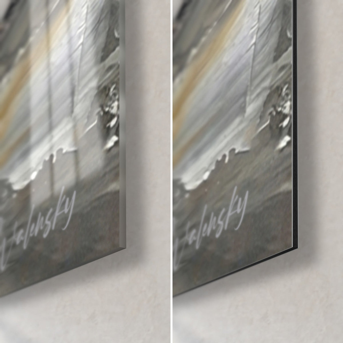 Wall art of a lying puppy with a brown gaze, bottom right corner: glossy acrylic glass on the left, matt Dibond aluminium on the right, 3 mm edge