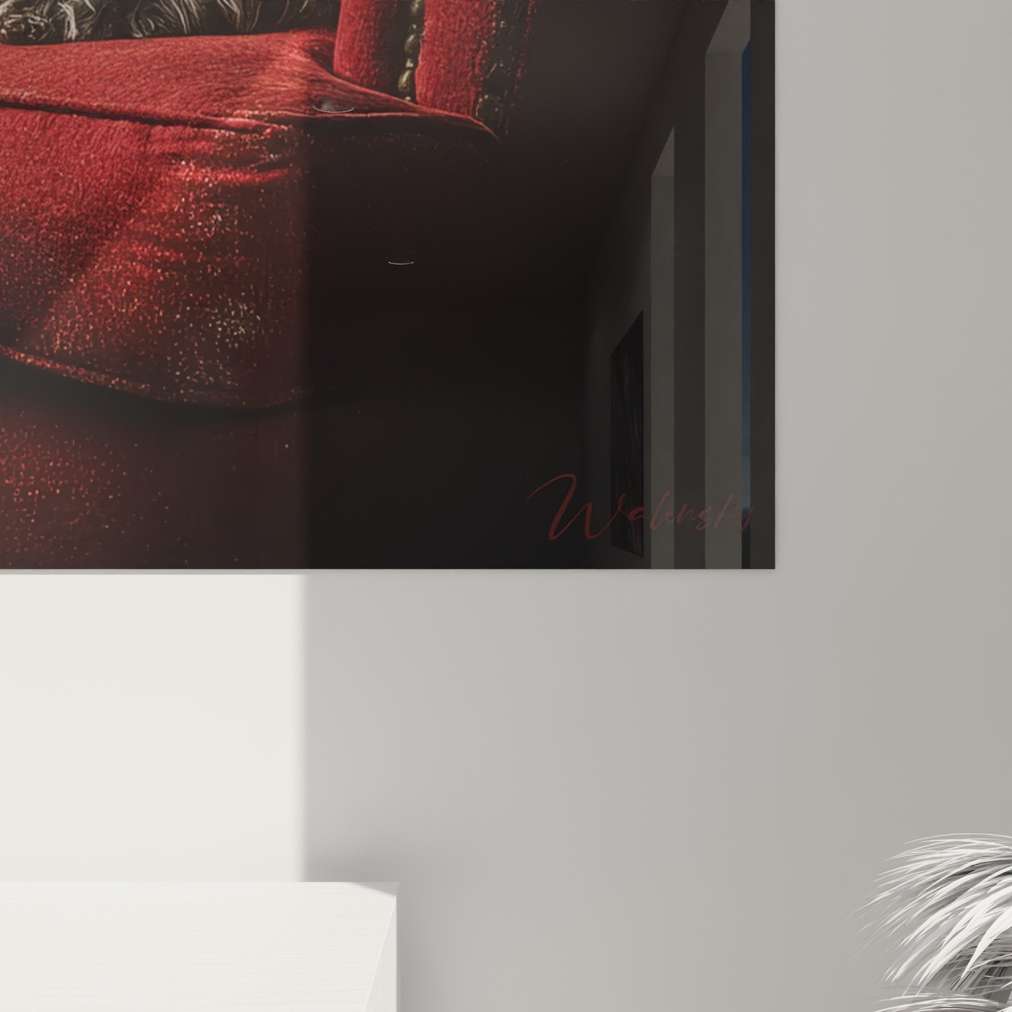 Vue ensemble tableau mural Cocker Americain fauteuil rouge décoration intérieur raffiné