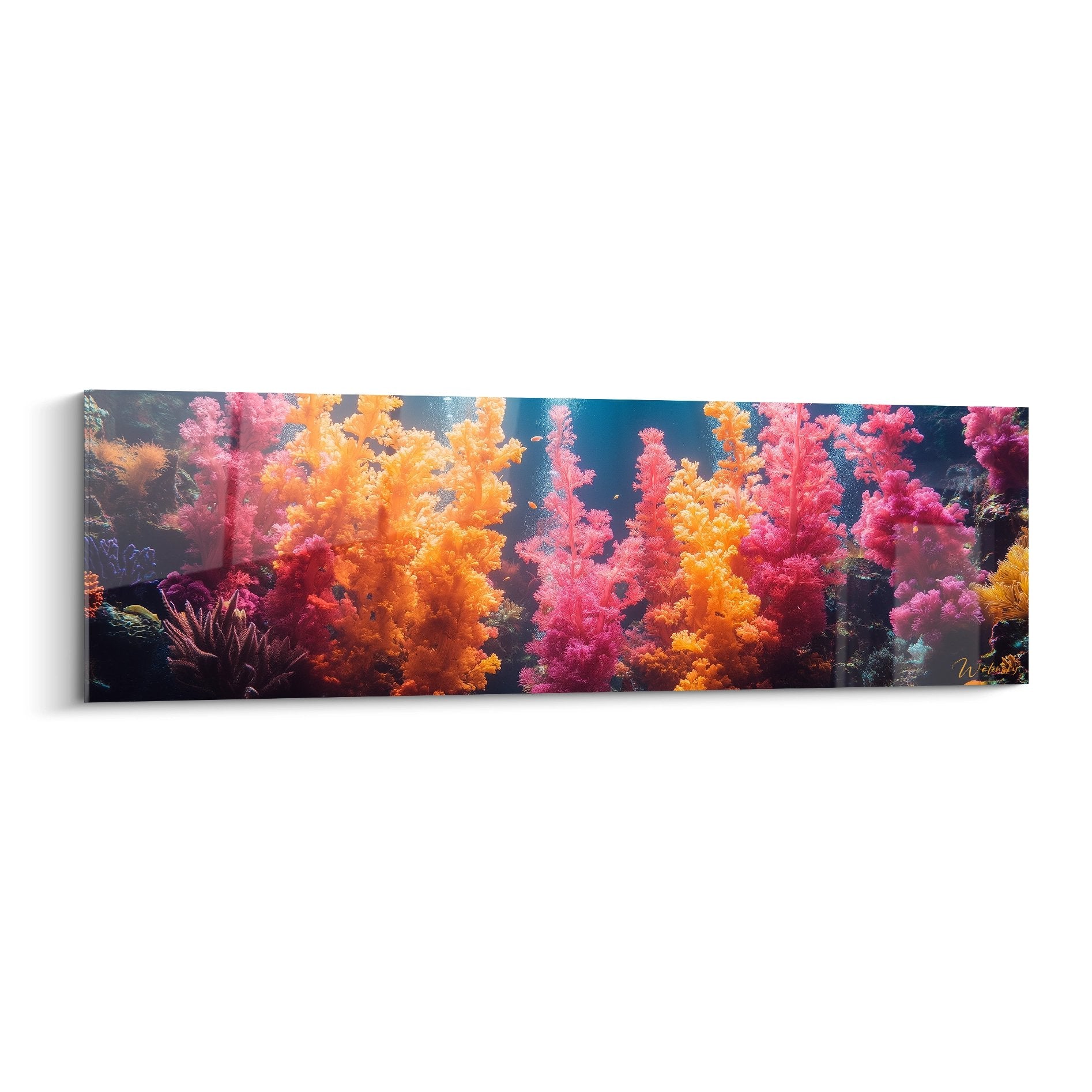 Tableau mural coraux colorés roses et oranges sur fond marin bleu pour décoration intérieure