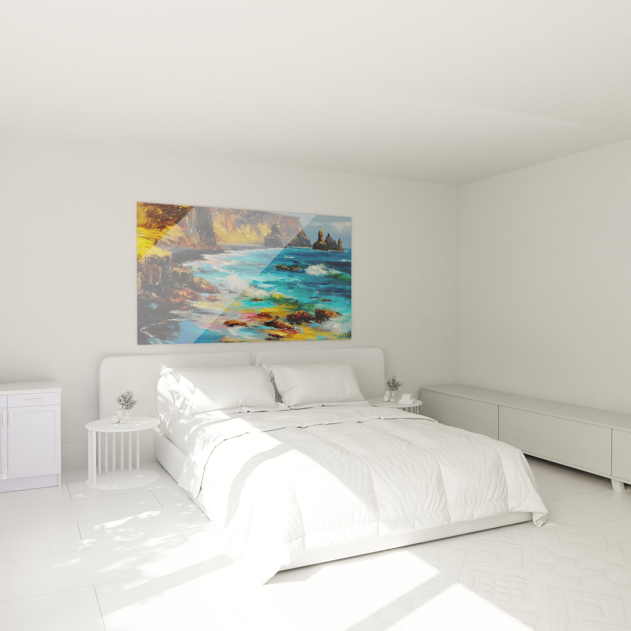 Tableau côte rocheuse installé dans chambre moderne, décoration murale marine élégante avec falaises dorées