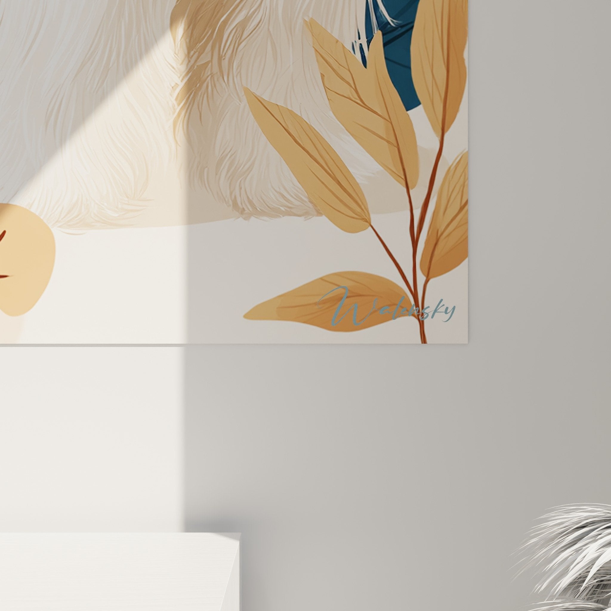 Vue ensemble tableau mural Coton de Tulear blanc dans salon contemporain avec ambiance botanique et tons chauds