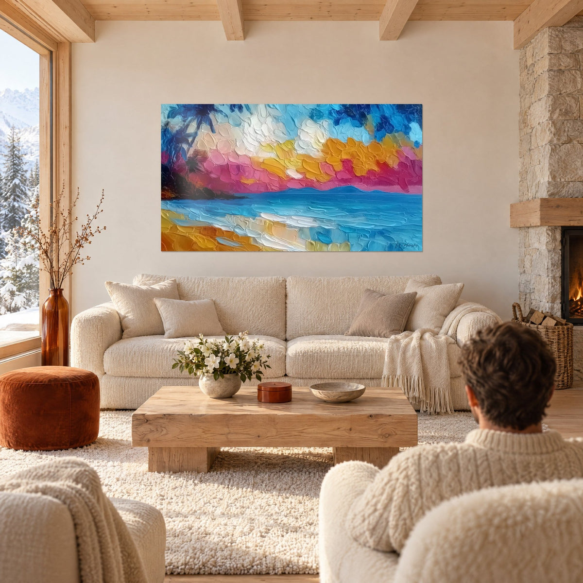 Tableau coucher de soleil rose et orangé sur une mer turquoise, empâtements épais, un couple de dos au-dessus d'un canapé dans un salon lumineux