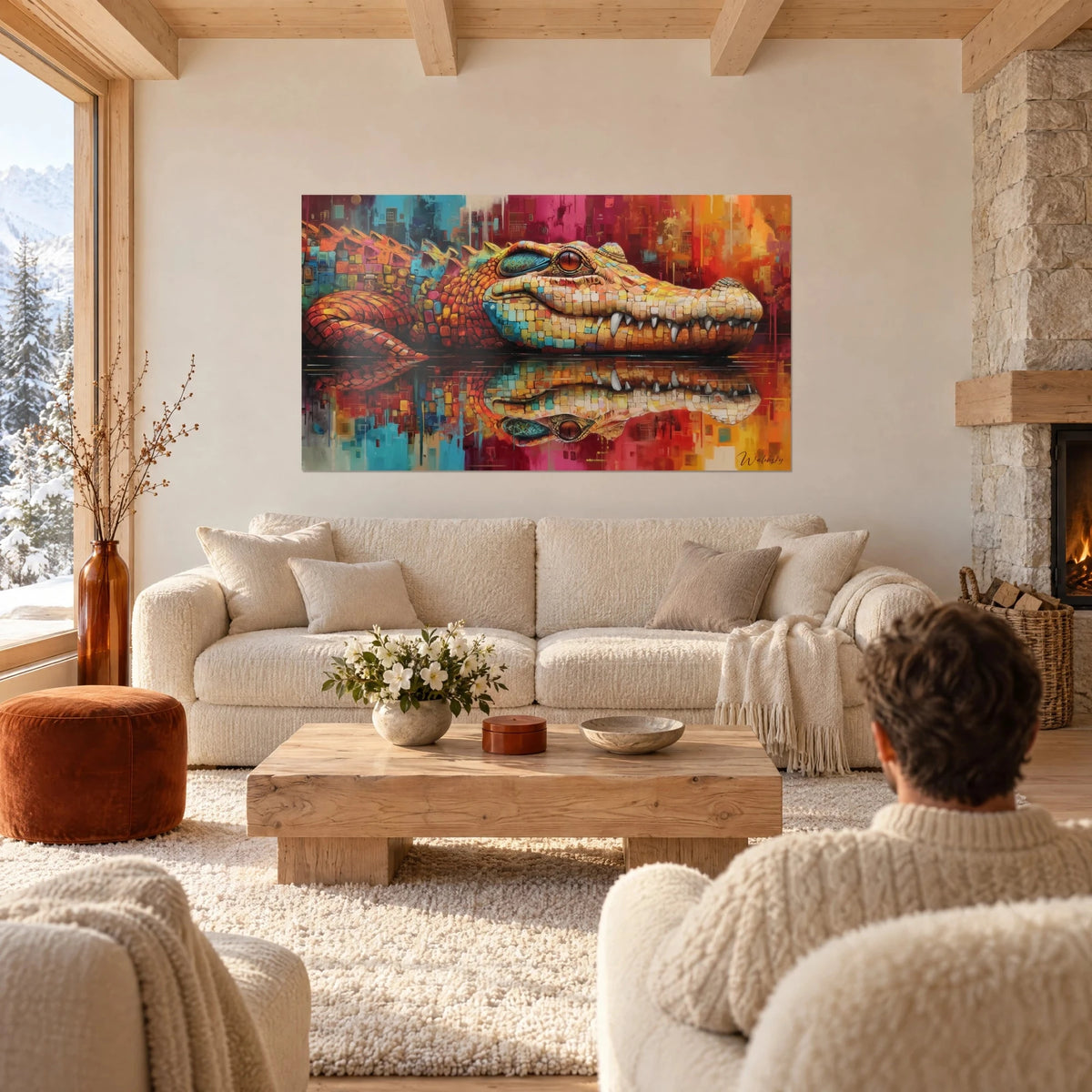 Gemälde Krokodil im Mosaik aus Orange und Türkis, bernsteinfarbenes Auge, Spiegelung im Wasser, über einem Sofa in einem hellen Wohnzimmer