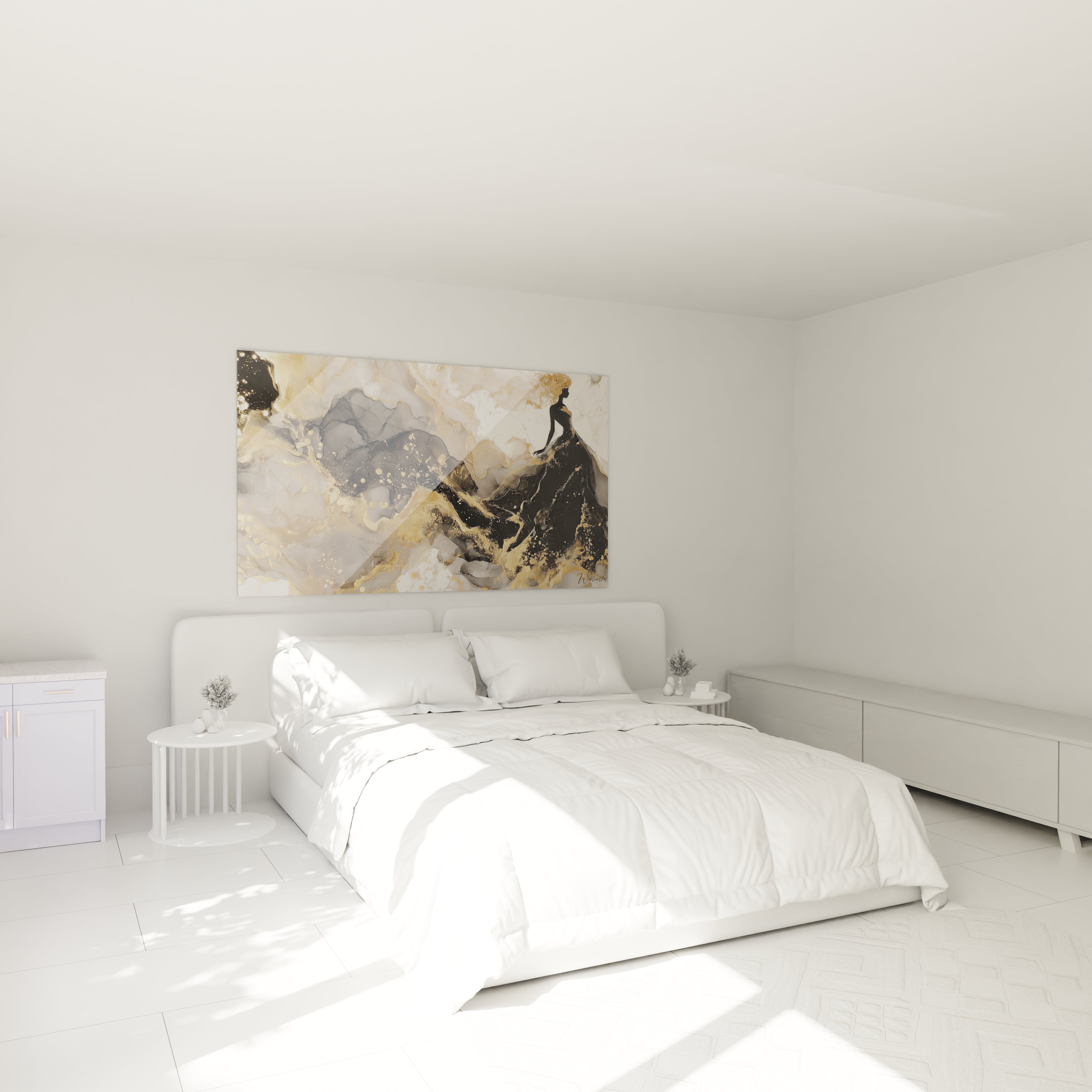 Tableau mural design haute couture avec des motifs dorés et beiges pour un décor moderne