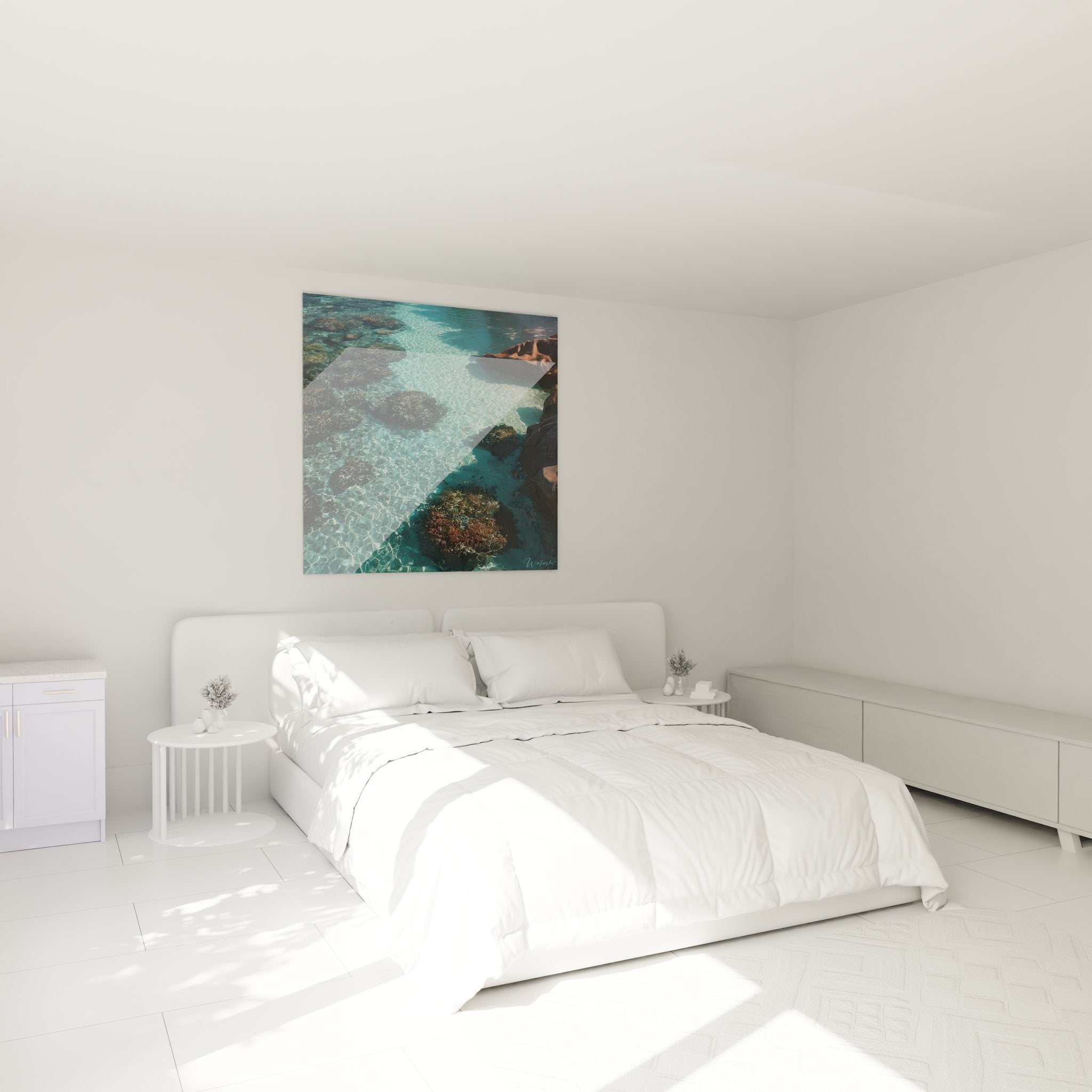 Tableau mural eaux turquoise en décoration chambre moderne, ambiance marine apaisante et relaxante