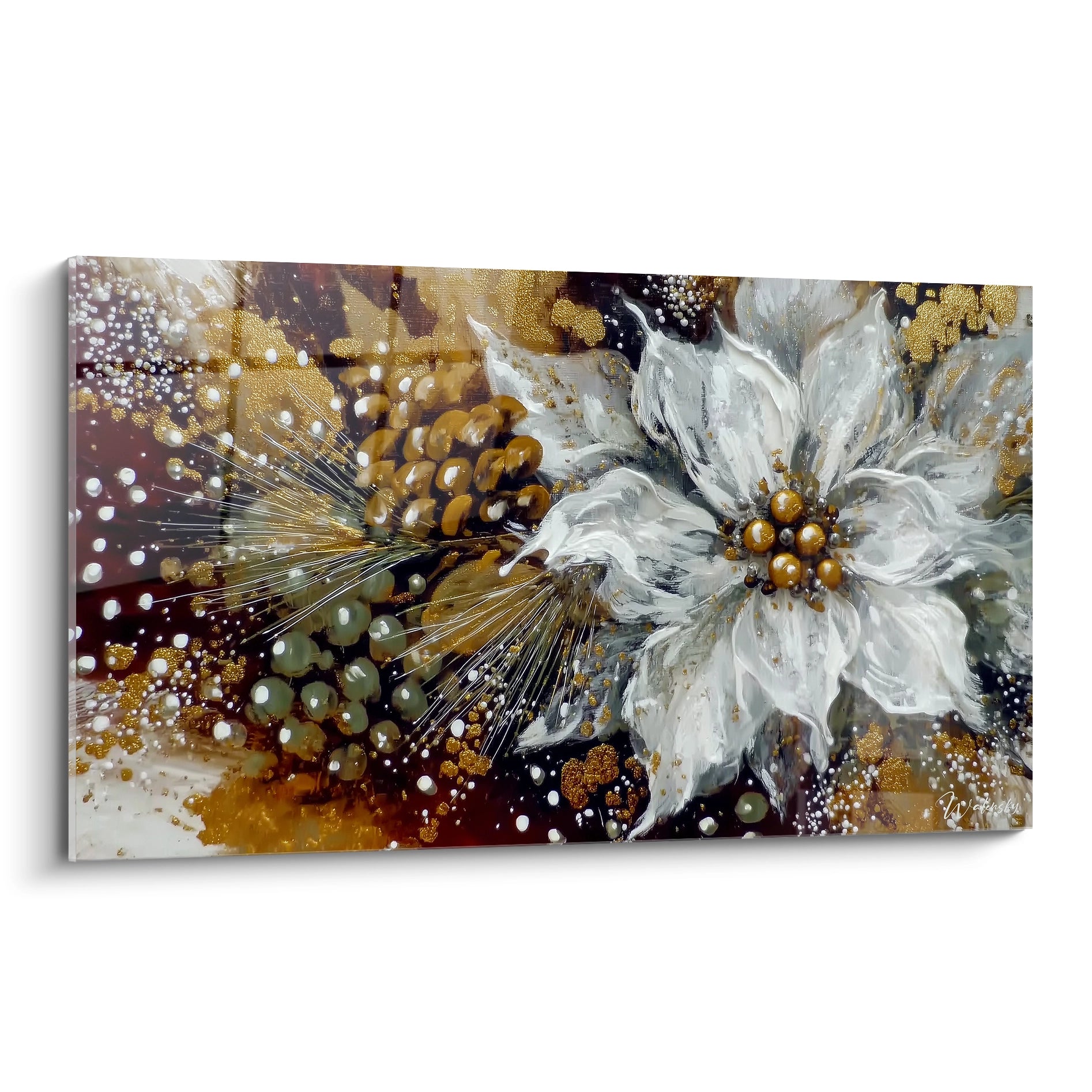 Tableau mural étoile de Noël avec une belle fleur blanche et des teintes dorées et brunes