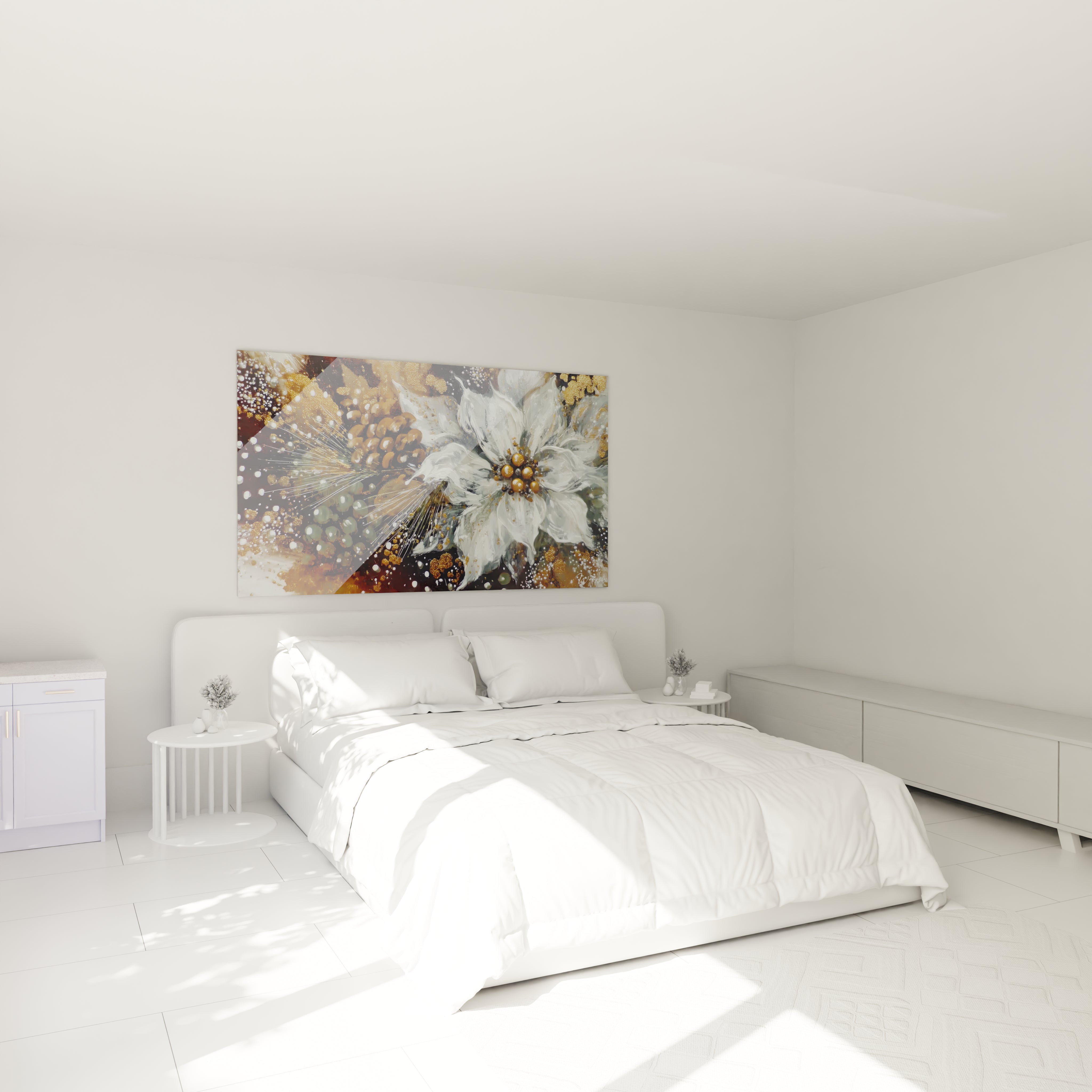 Tableau mural étoile de Noël de Walensky décorant une chambre moderne avec un lit blanc