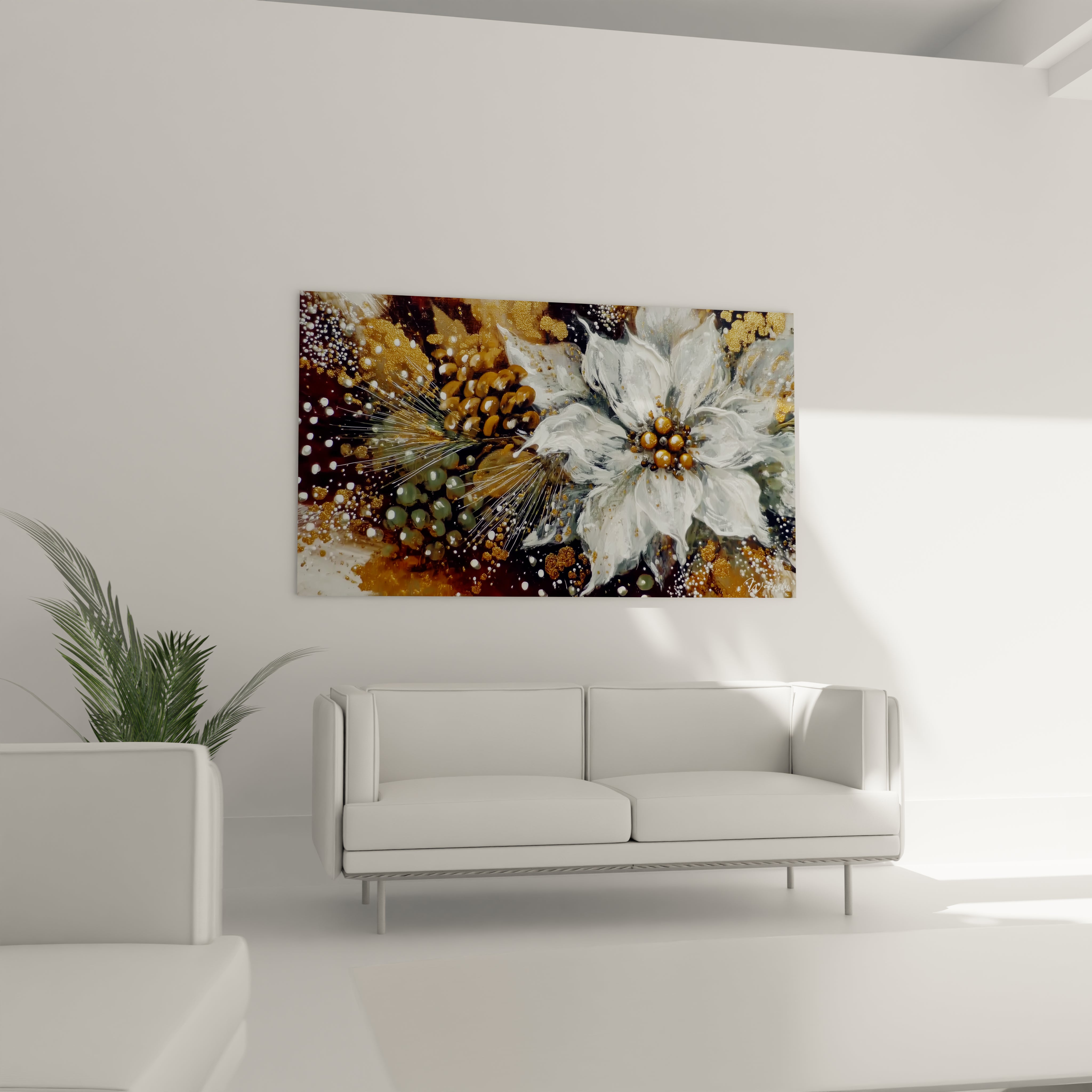 Tableau mural étoile de Noël avec des fleurs blanches et une décoration festive sur mur blanc