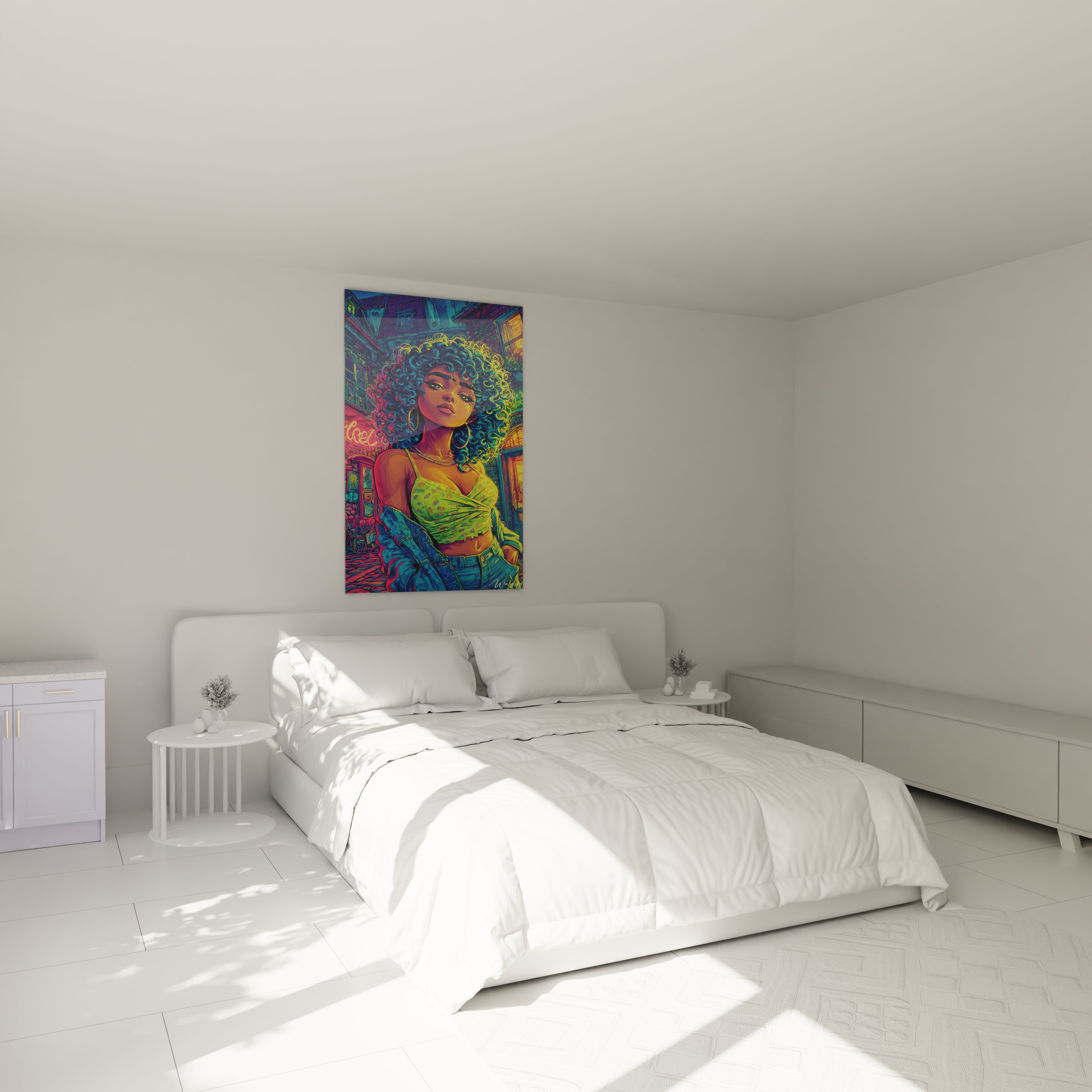 Tableau mural femme afro style BD urbain couleurs néon dans décoration chambre moderne