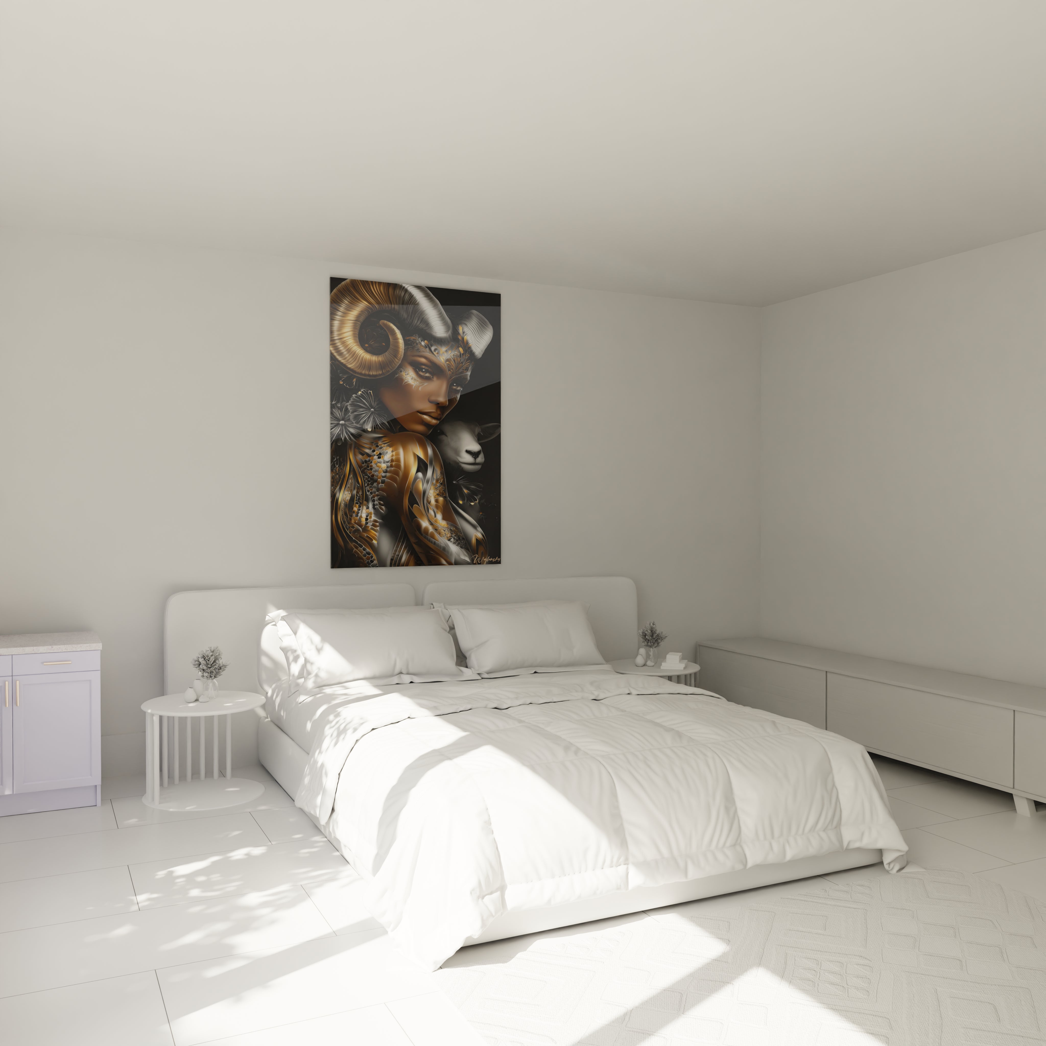 Tableau mural femme bélier dorée dans décoration chambre moderne style contemporain