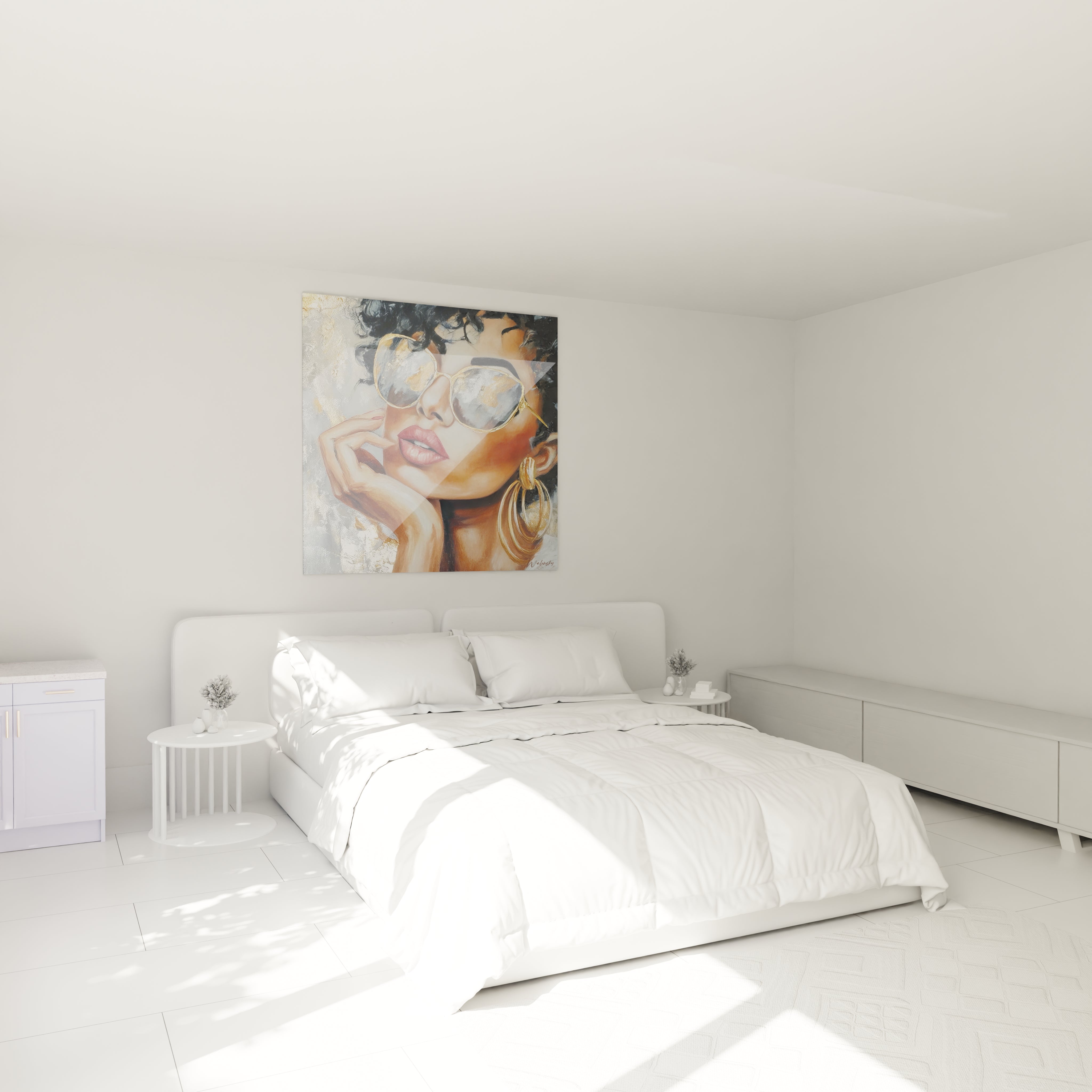 Tableau mural femme chic affichant un portrait élégant avec des lunettes à la mode dans une chambre lumineuse