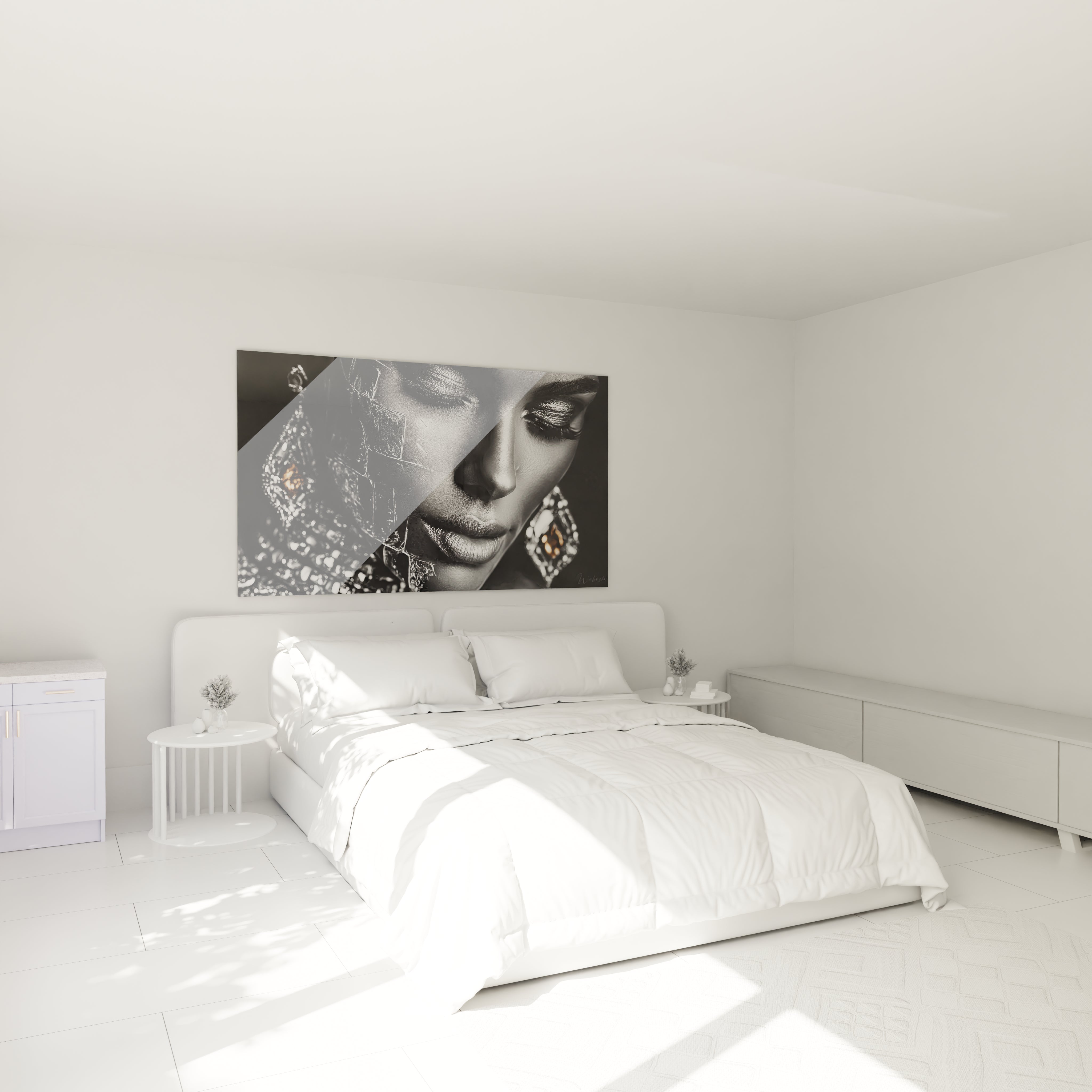 Tableau mural femme élégante en noir et blanc avec des détails de bijoux dans une chambre moderne