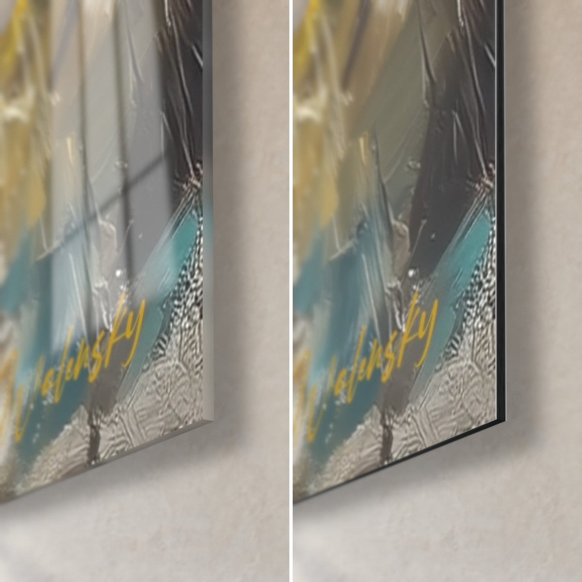 Tableau promeneuse en robe blanche, coin bas droit : verre acrylique brillant à gauche, Dibond mat à droite, tranche de 3 mm