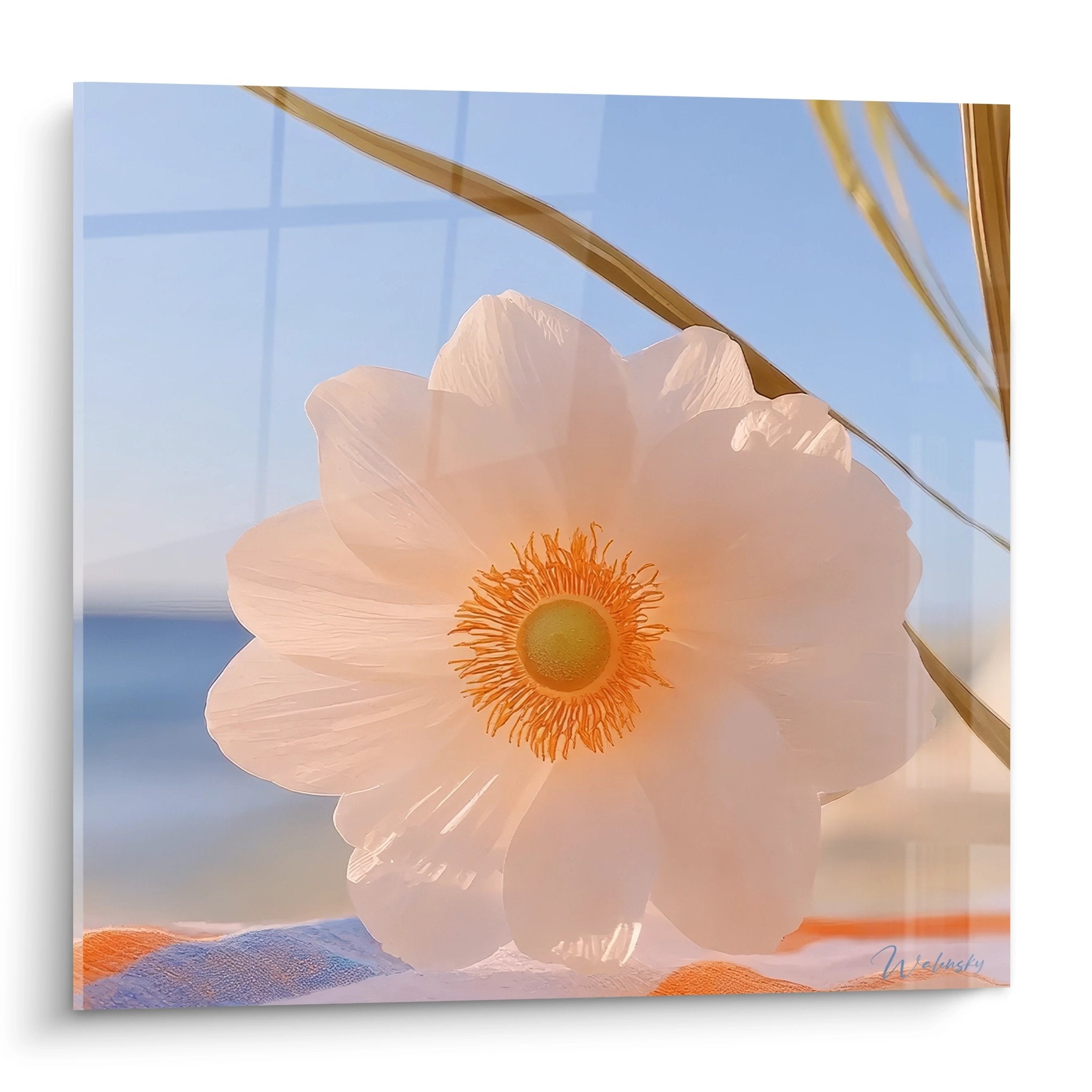 Tableau mural fleur anémone rose translucide aux pétales nacrés et cœur orange pour décoration florale