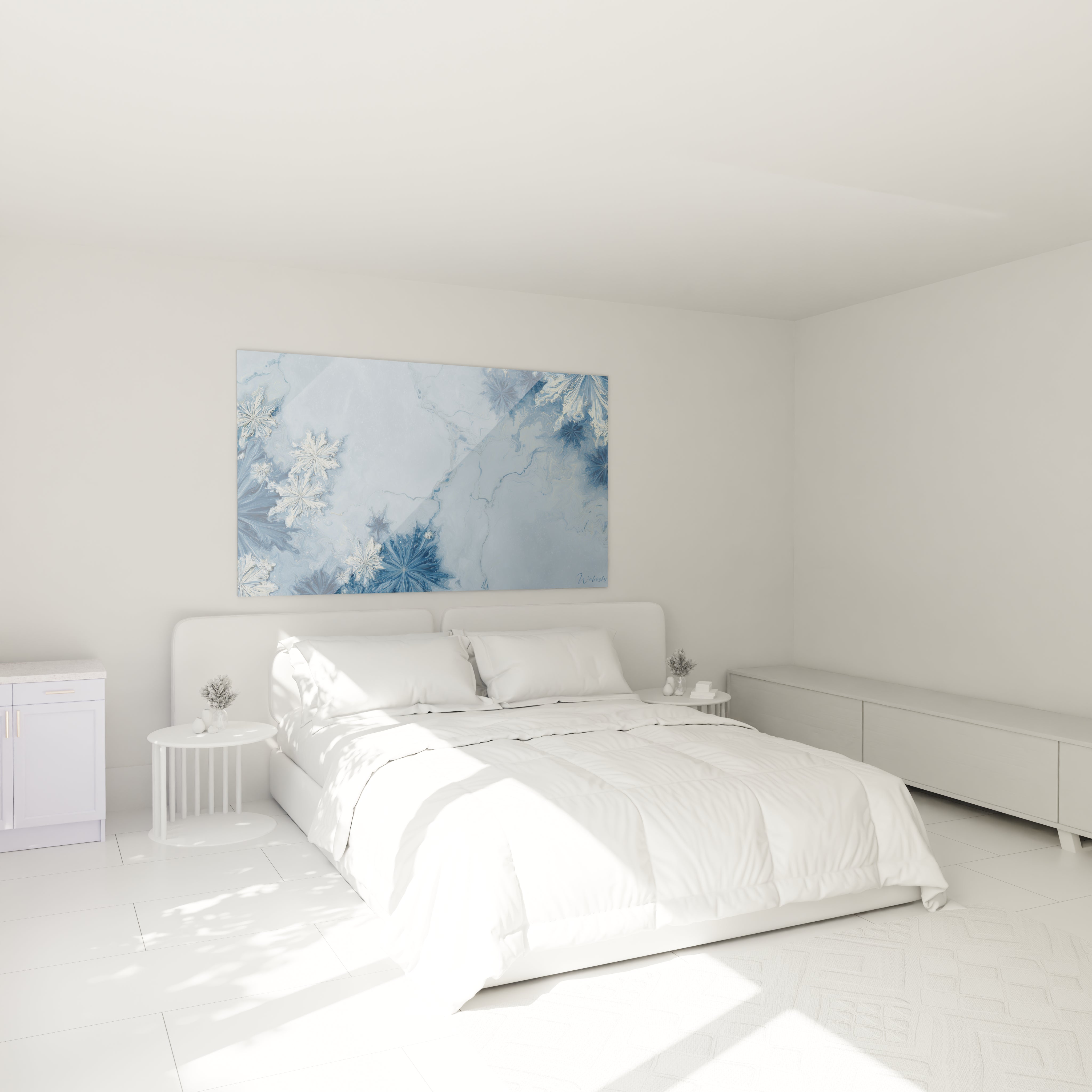 Tableau mural flocons de neige dans une chambre moderne avec décor minimaliste en blanc