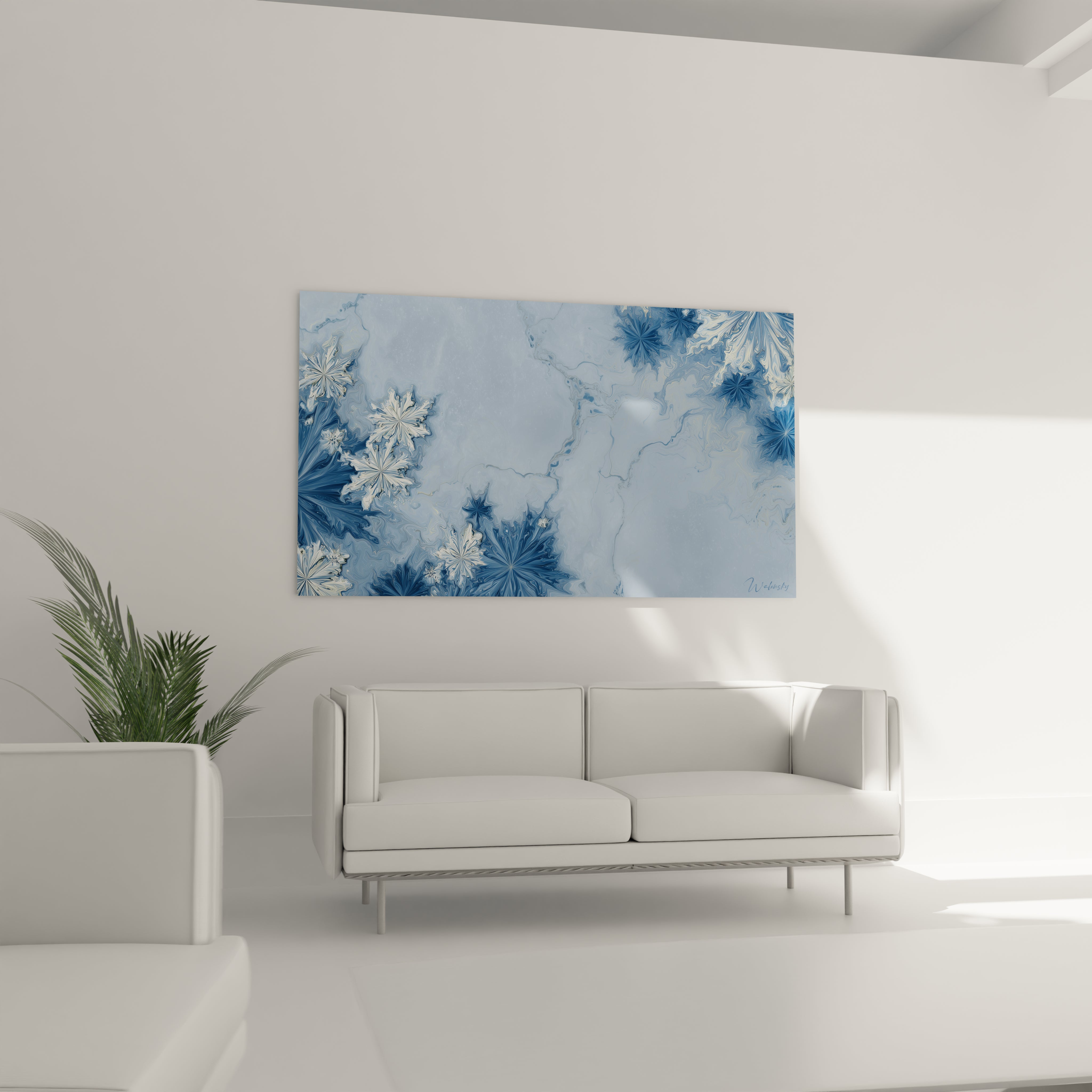 Tableau mural flocons de neige en bleu et blanc, parfait pour décorer un salon moderne