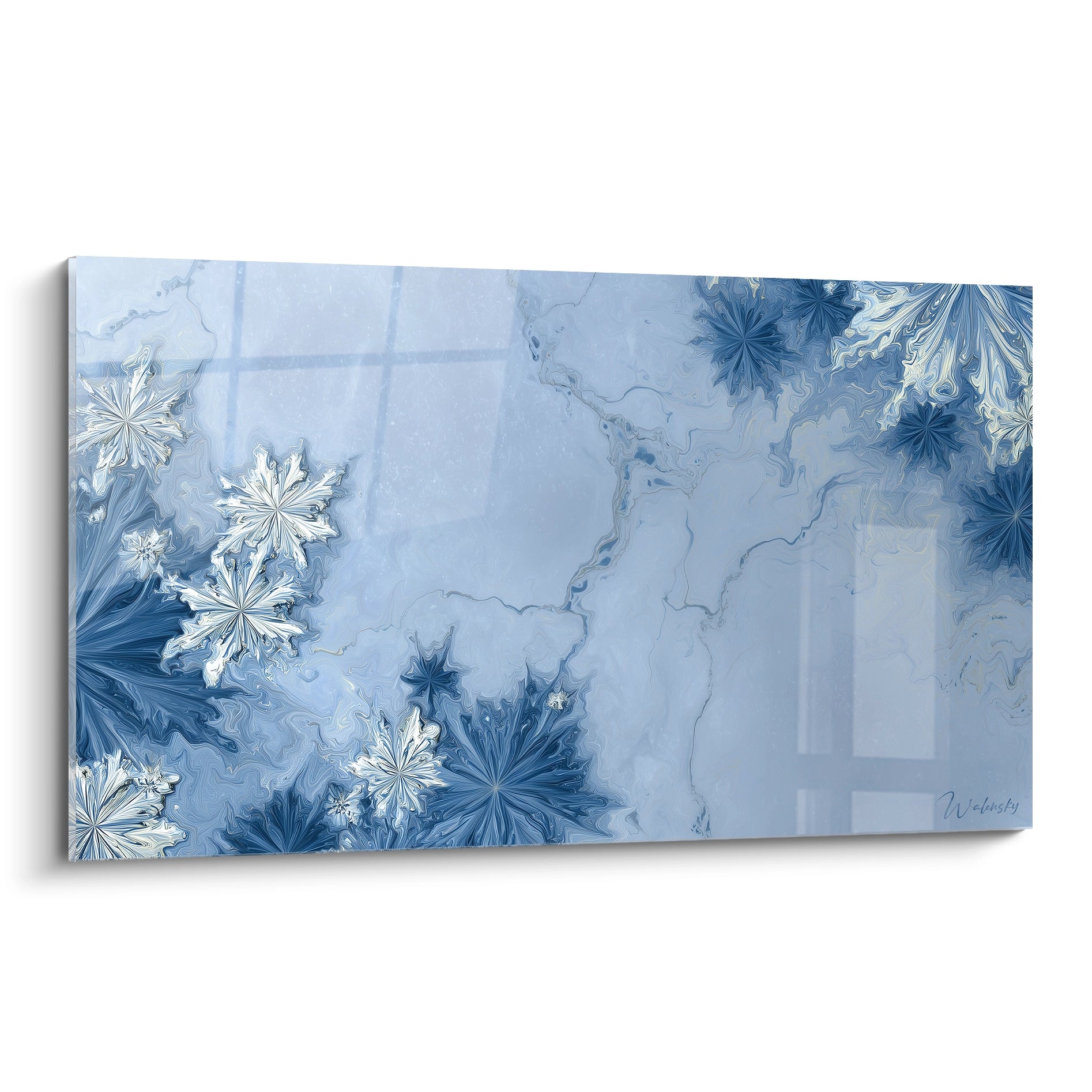 Tableau mural flocons de neige avec un design abstrait bleu et des motifs floraux élégants