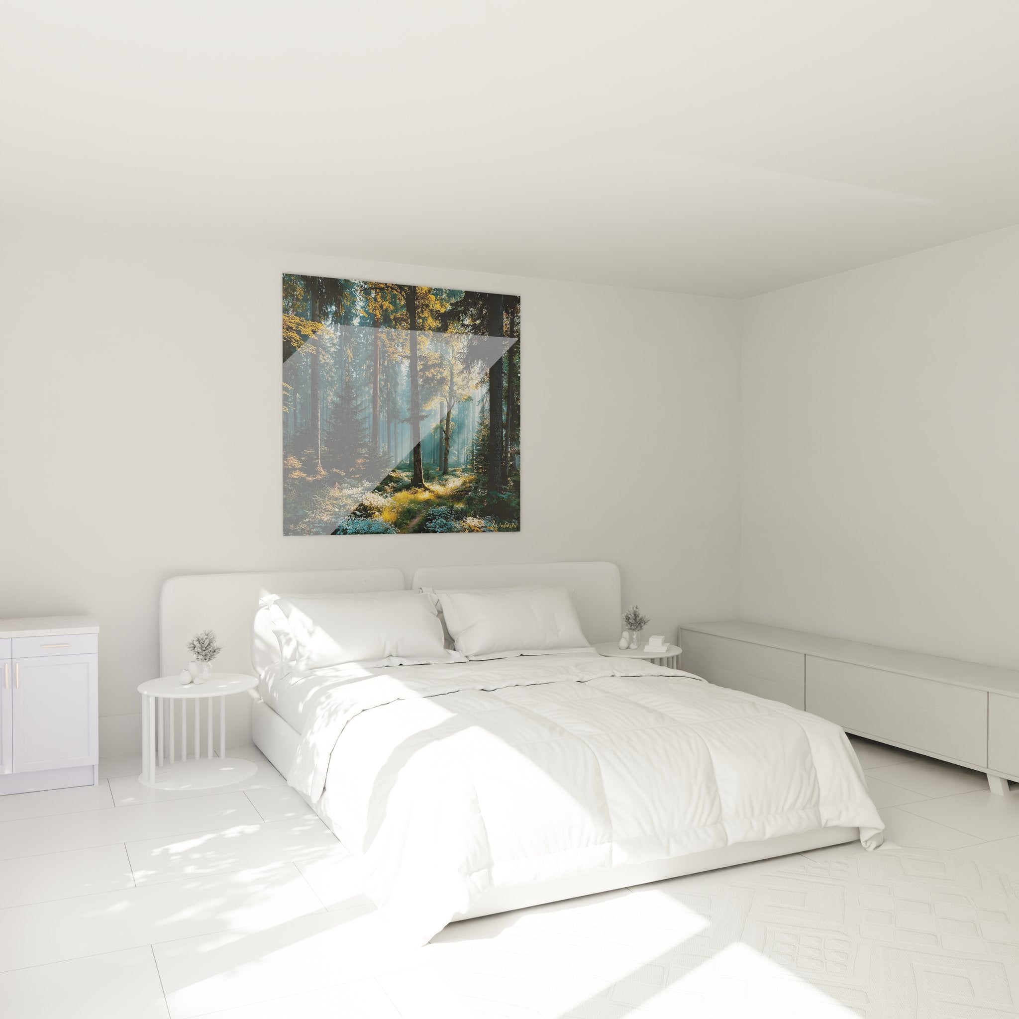 Tableau mural forêt enchantée décorant chambre moderne avec lumière dorée automnale apaisante