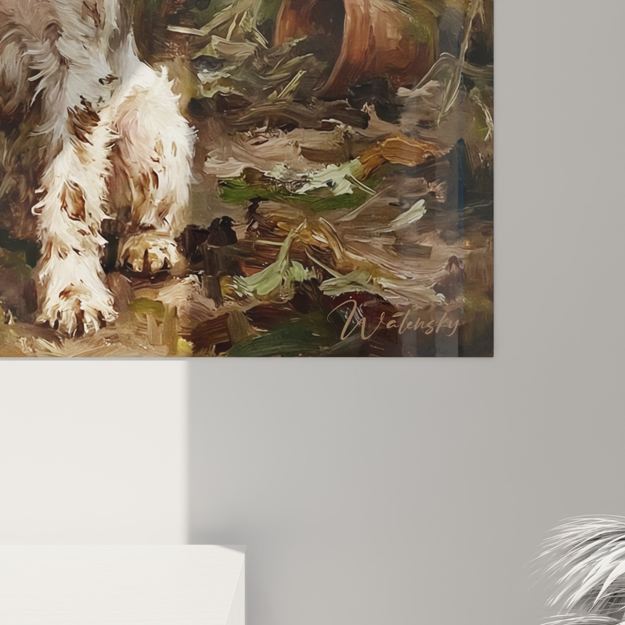 Tableau mural fox terrier scene jardinage pots renverses decoration interieur campagne authentique