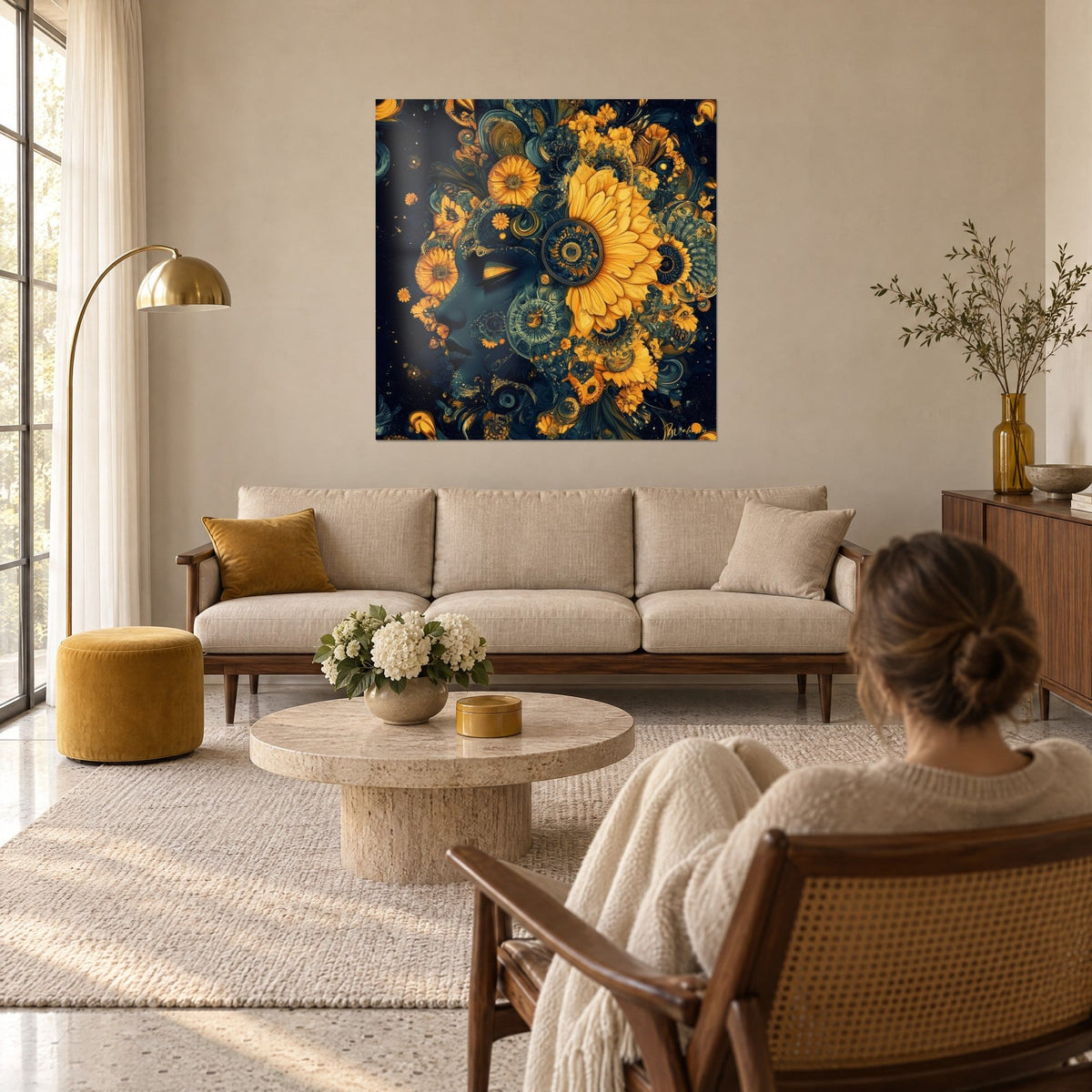 Cuadro perfil de mujer en azul noche coronada con girasoles ocres, mandalas dorados, mujer de espaldas sobre un sofá en un salón luminoso