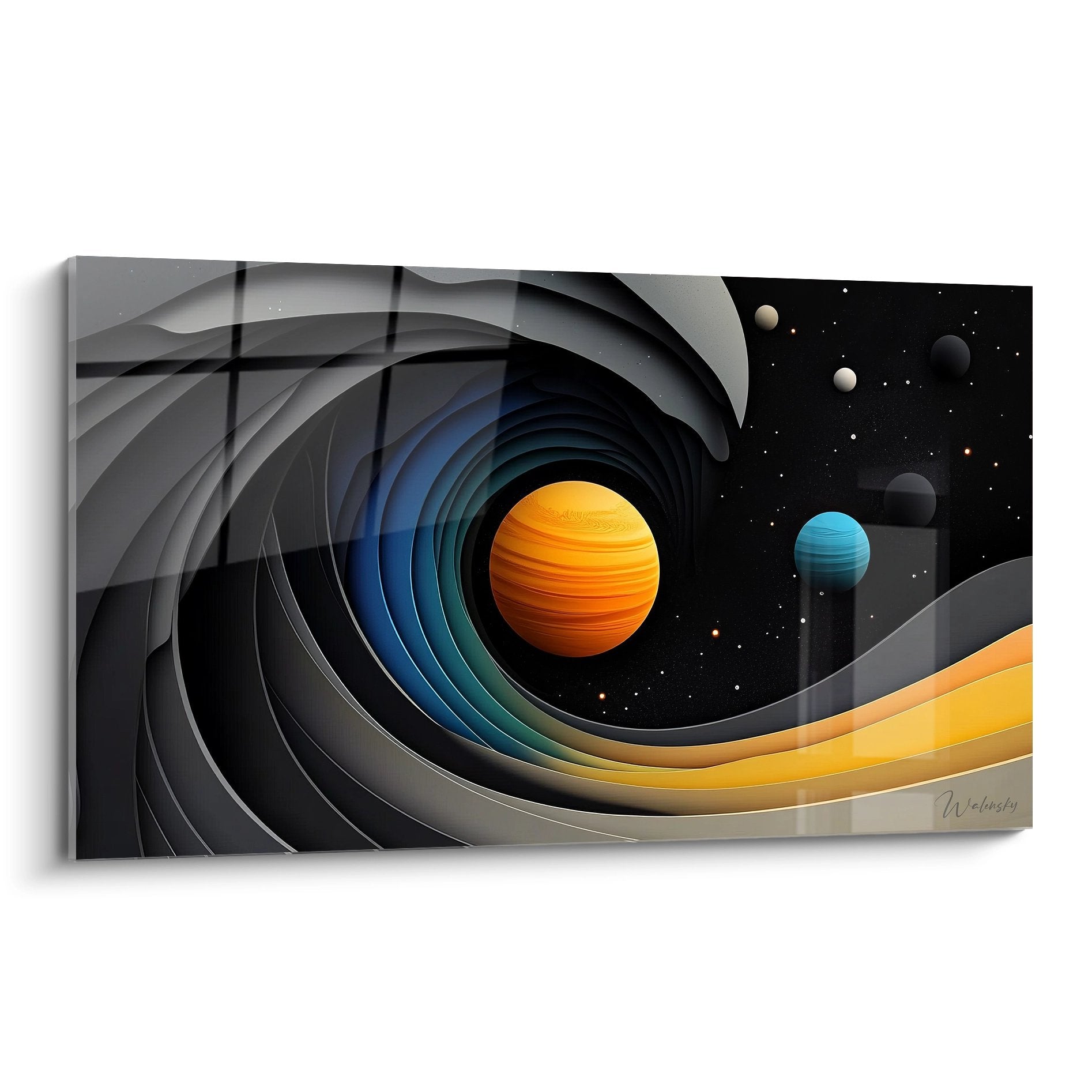 Tableau mural galaxie spirale cosmique avec planètes orange et bleue sur fond noir étoilé, art spatial moderne