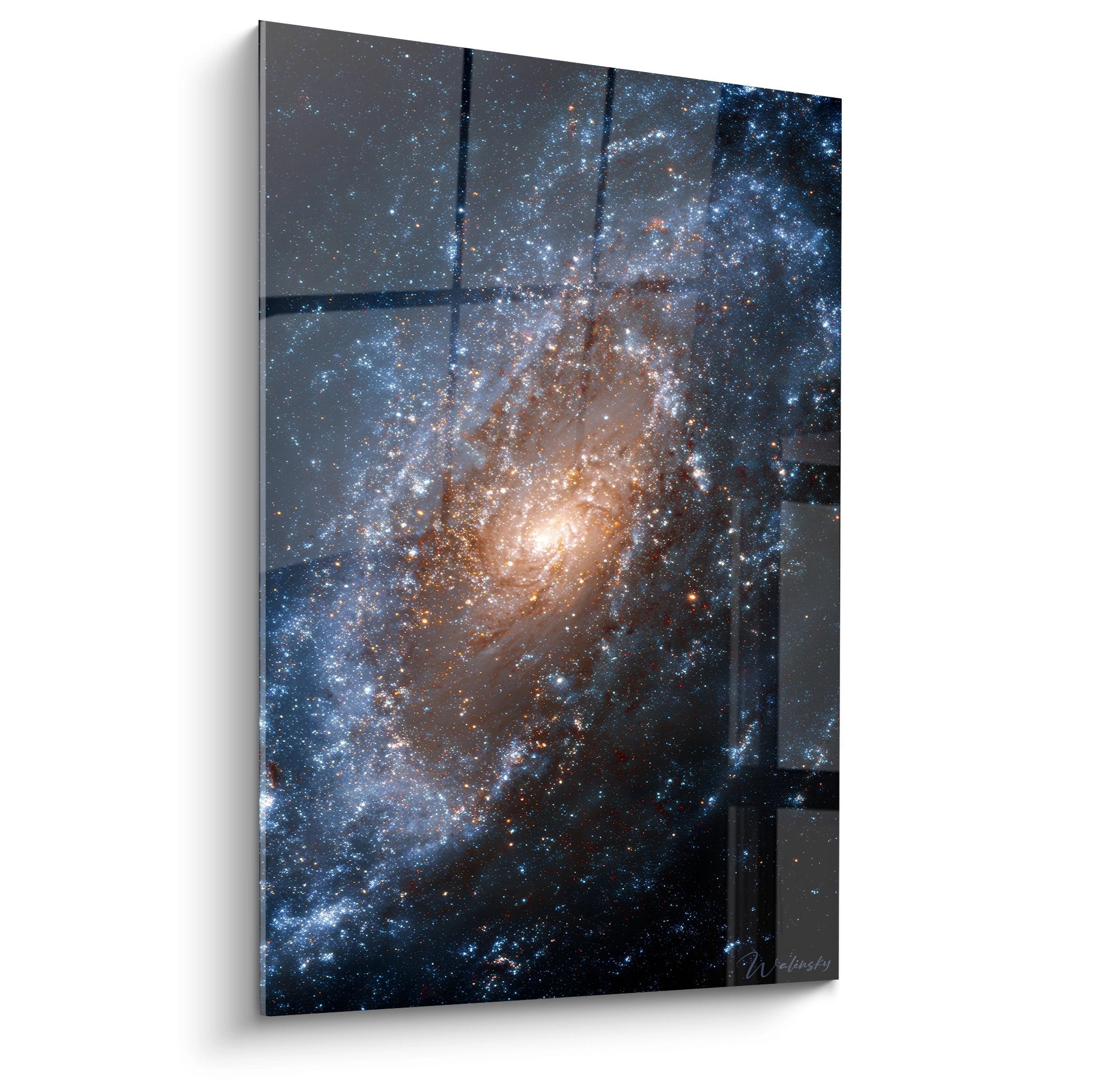 Tableau mural galaxie spirale dorée et bleue, art cosmique space design pour décoration intérieure