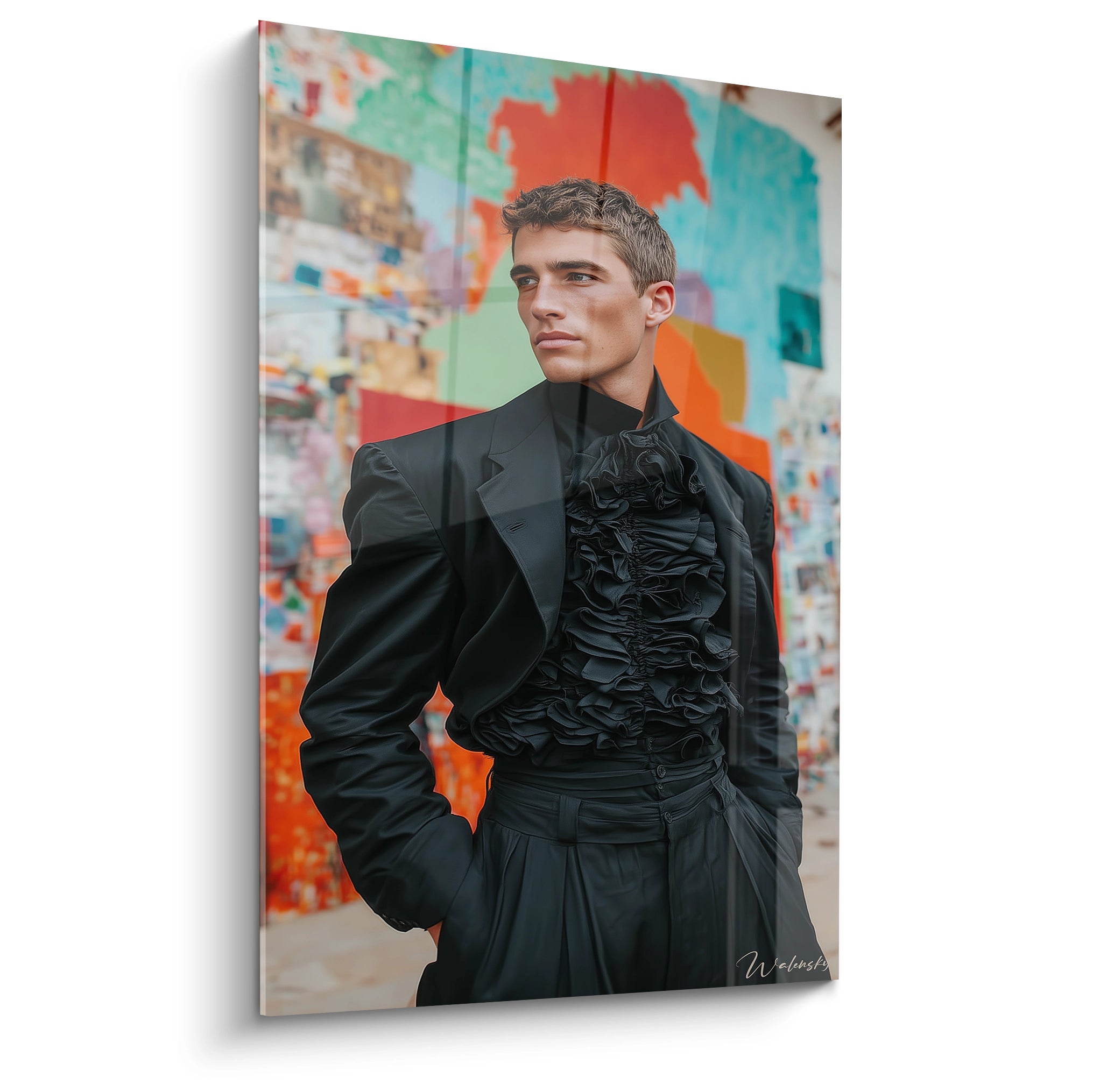 Tableau mural gentleman urbain avec un homme en costume chic devant un fond coloré et artistique