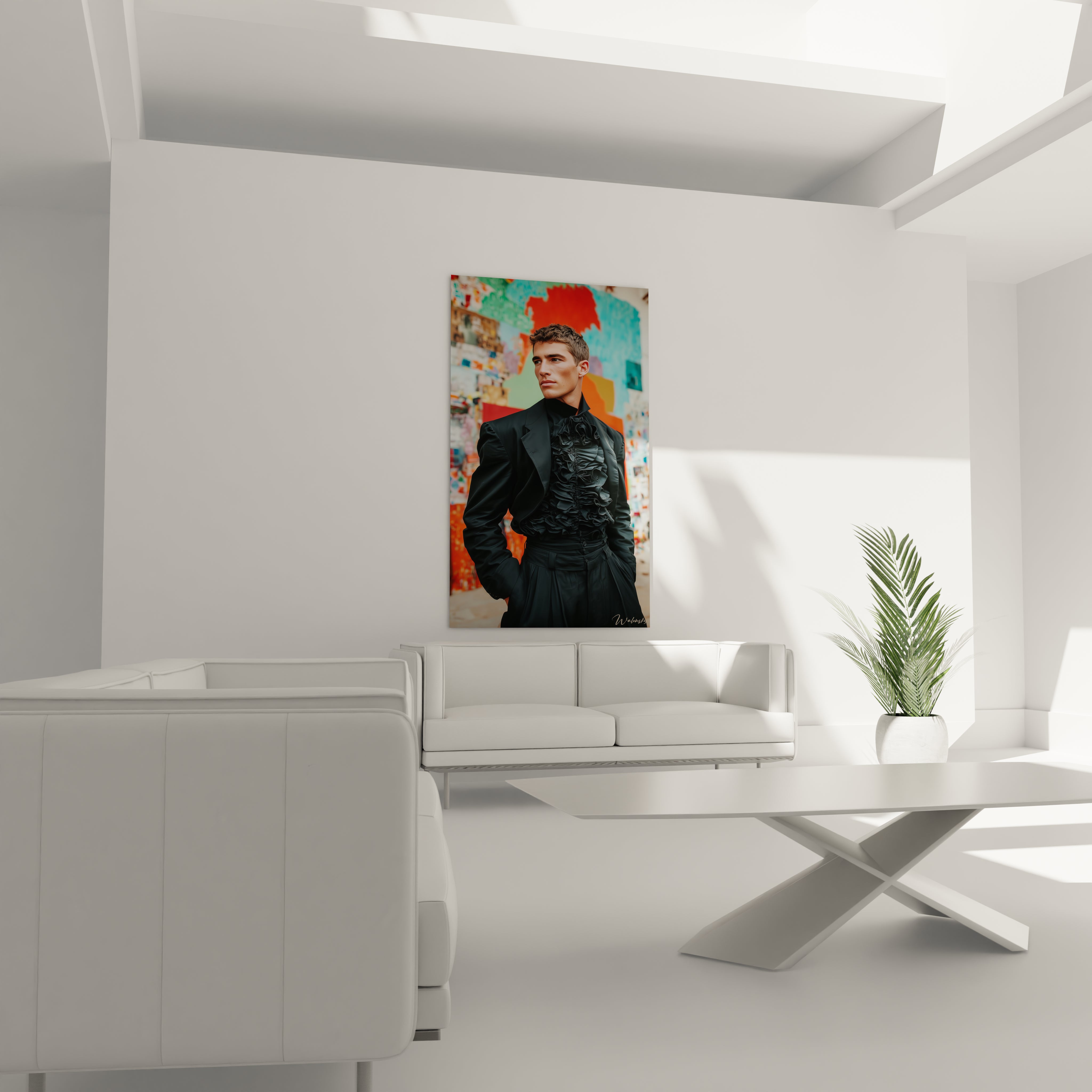 Tableau mural gentleman urbain de Walensky, affiché dans un salon moderne avec des couleurs vives