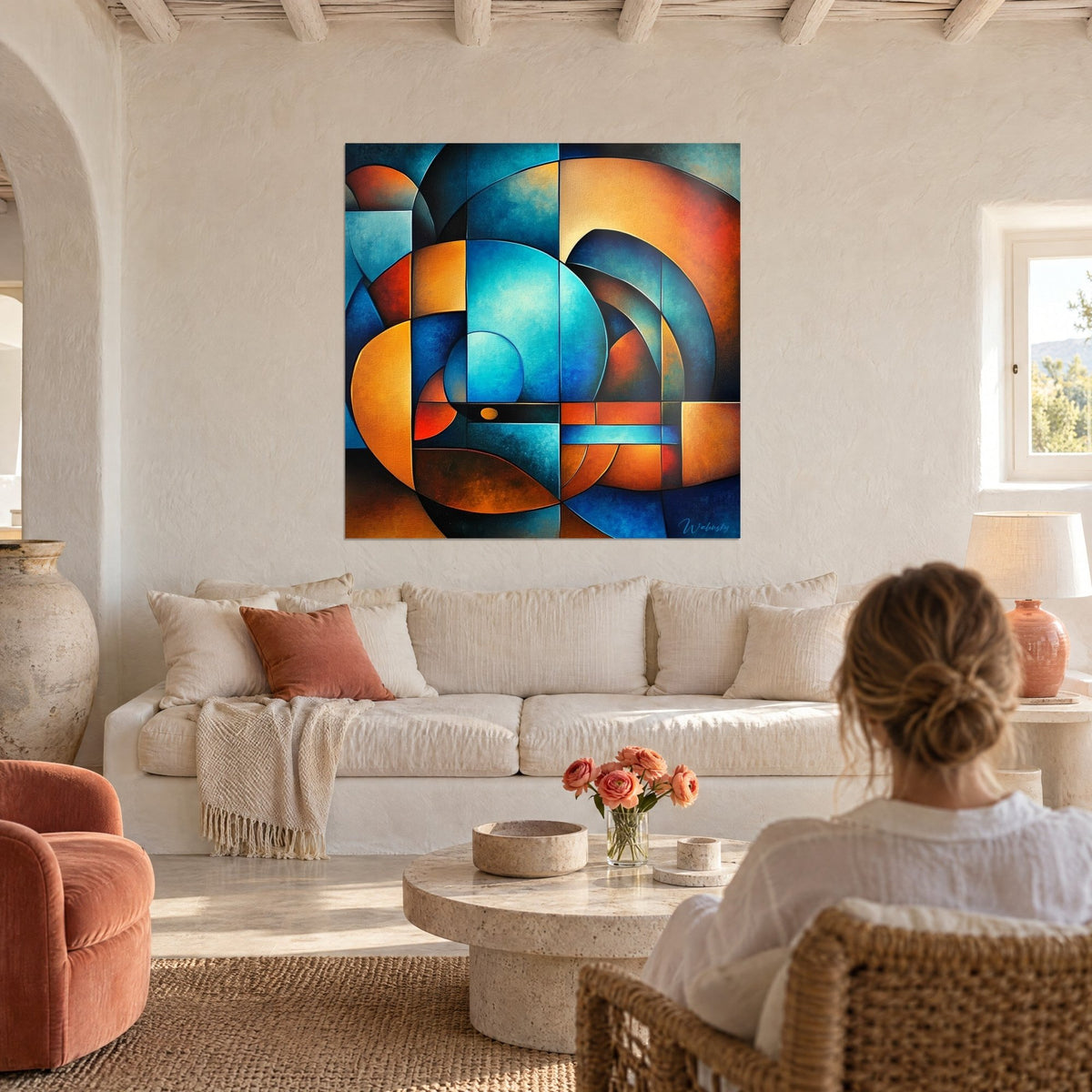 Wall art with interlocking turquoise blue and ochre circles, crisp black lines, hung above a sofa in a bright living room