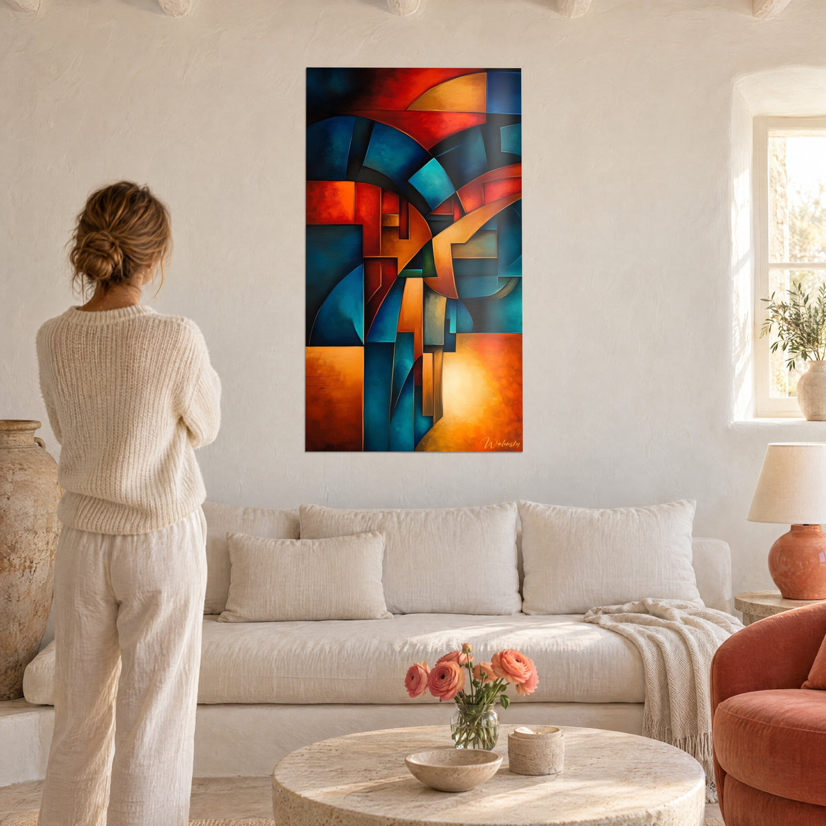 Cuadro mosaico de arcos en azul petróleo y rojo bermellón, destellos naranjas, mujer de espaldas, sobre un sofá en un salón luminoso