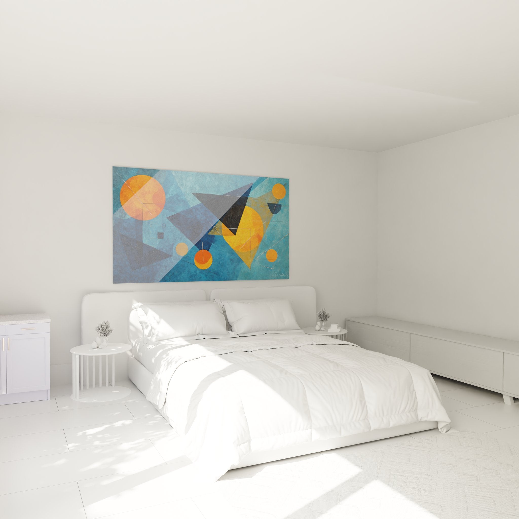 Tableau mural géométrique abstrait dans chambre moderne, décoration art contemporain bleu orange