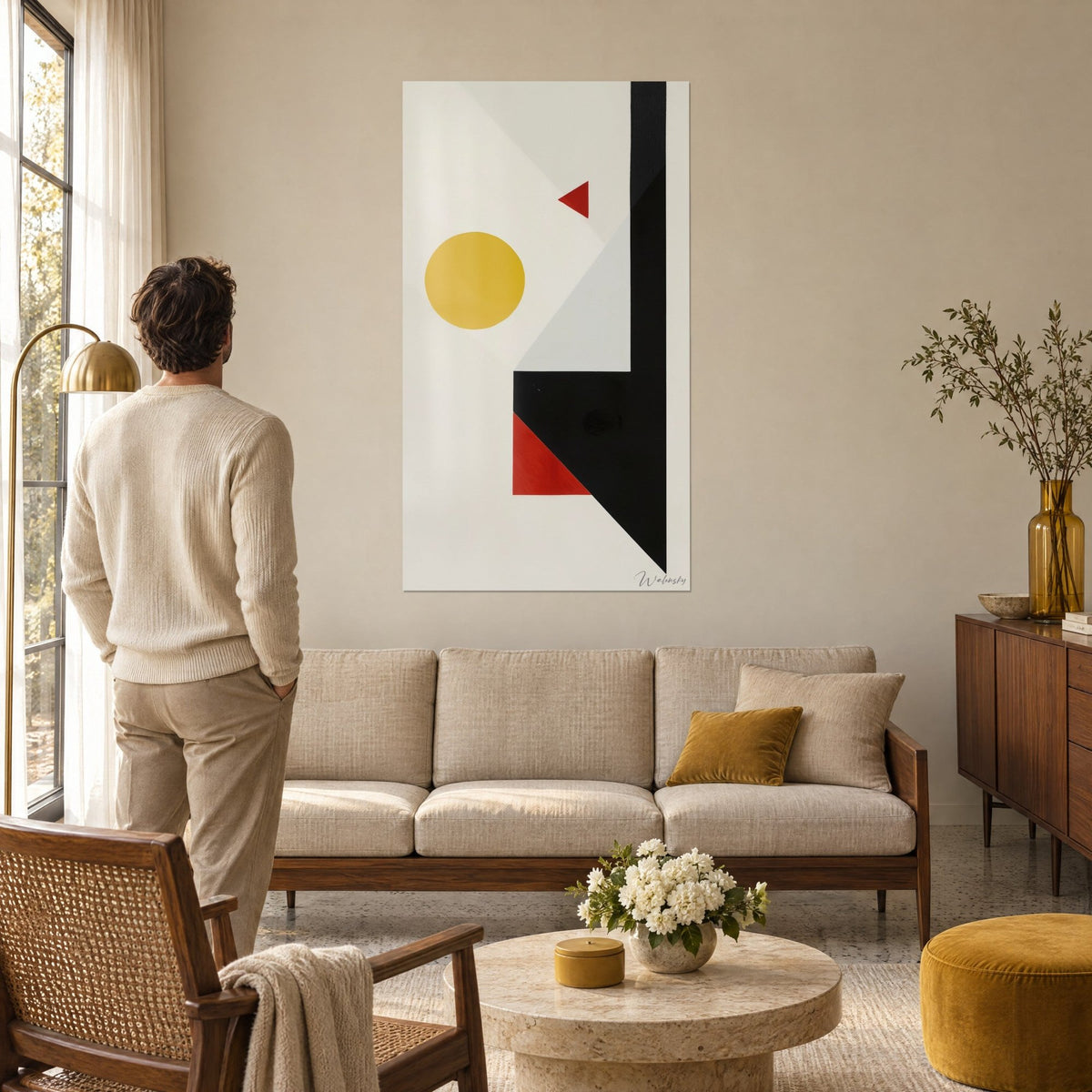 Schilderij geometrische compositie in rood, mosterdgeel en zwart, man van achteren, boven een bank in een lichte woonkamer