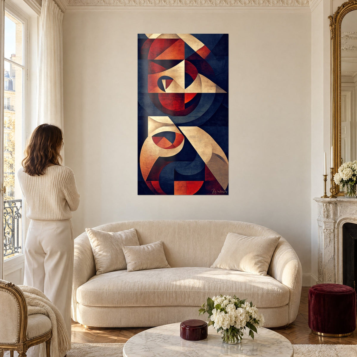 Tableau volutes géométriques rouge brique et bleu nuit, bandes crème, femme de dos au-dessus d'un canapé dans un salon lumineux