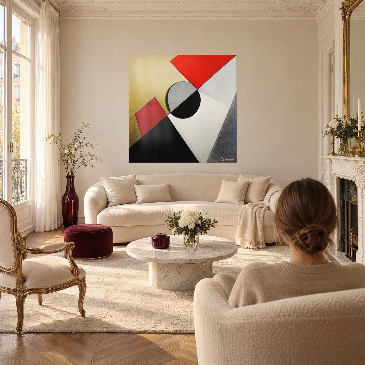 Wall art constructivist composition in bright red, black and off-white, split disc, golden ochre background, above a sofa in a bright living room