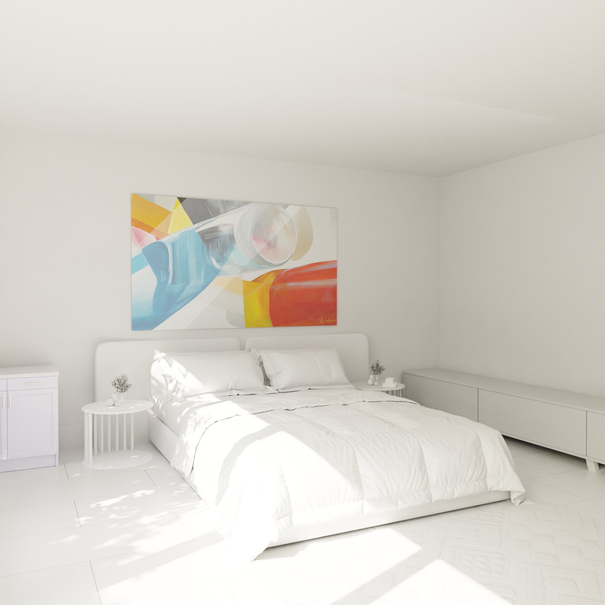 Tableau mural géométrique abstrait dans chambre moderne avec décoration contemporaine