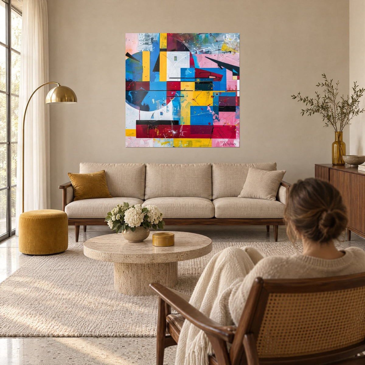 Tableau mosaïque de rectangles bleu cobalt et jaune moutarde, éclaboussures roses, femme de dos, au-dessus d'un canapé dans un salon lumineux