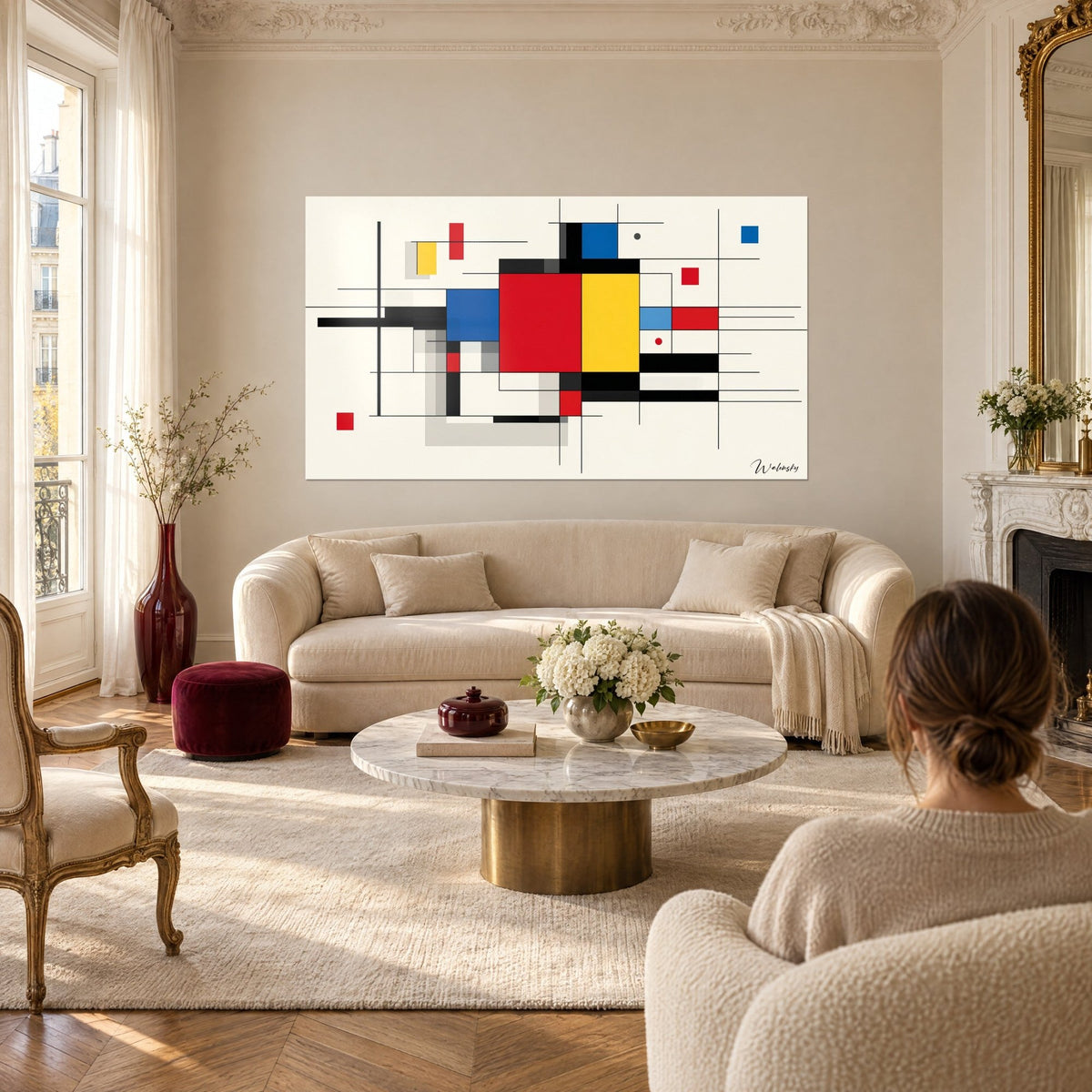 Tableau composition de rectangles rouge et jaune cernés de lignes noires, au-dessus d'un canapé dans un salon lumineux