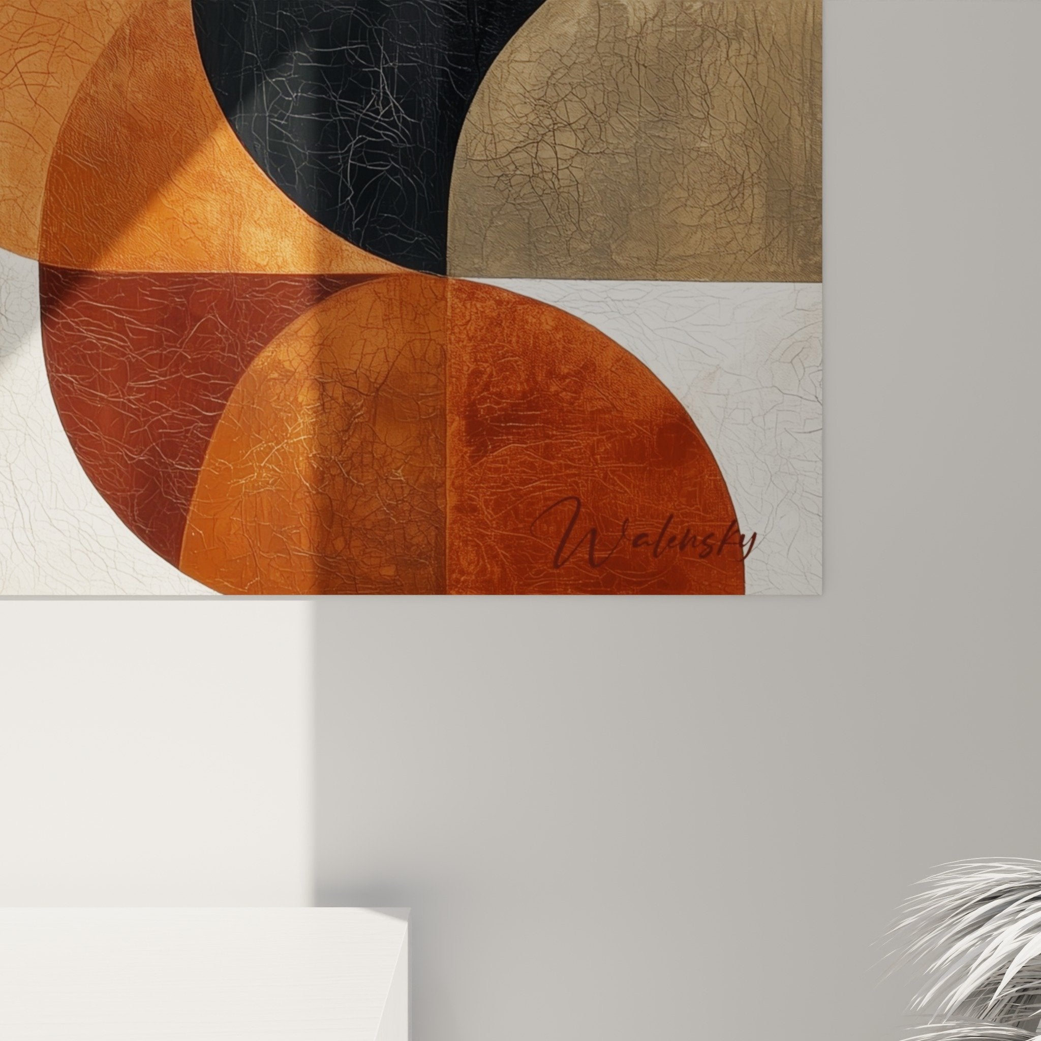 abstract geometric wall art perspective living room modern decor natural tones feng shui