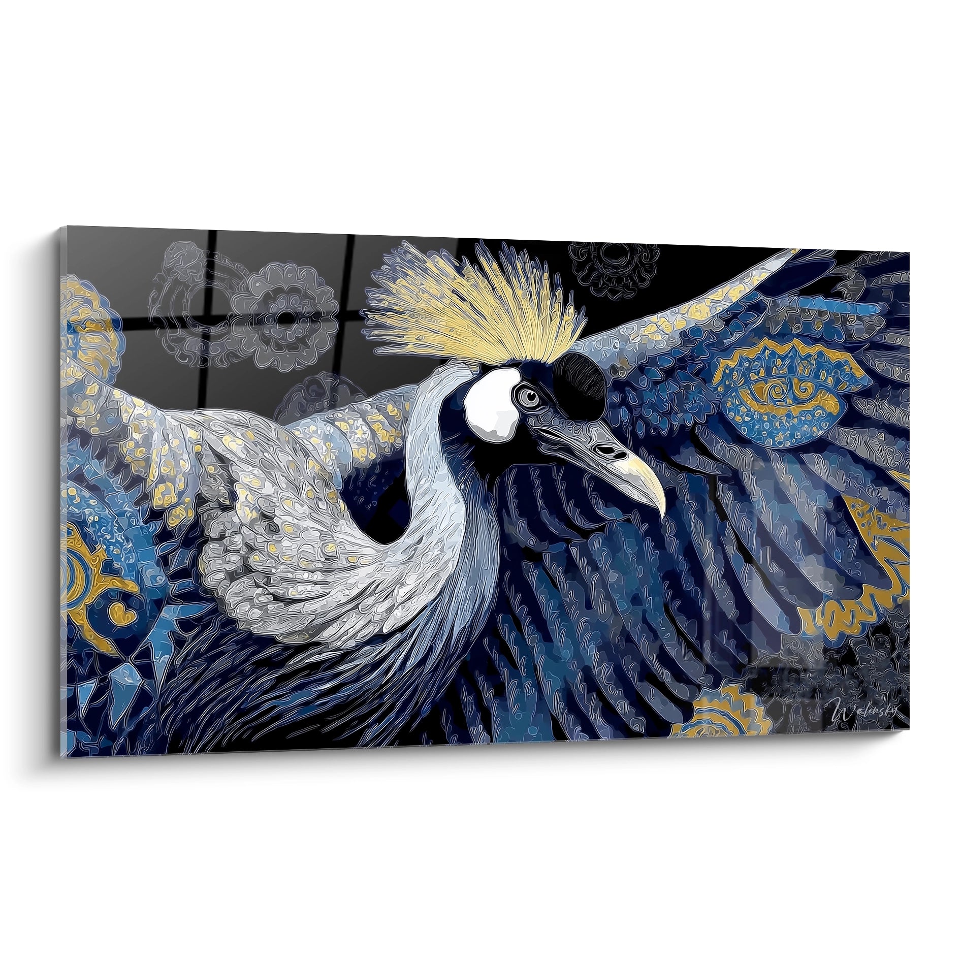 Tableau mural grue couronnée aux ailes déployées, art décoratif oiseau royal aux couleurs bleu et or