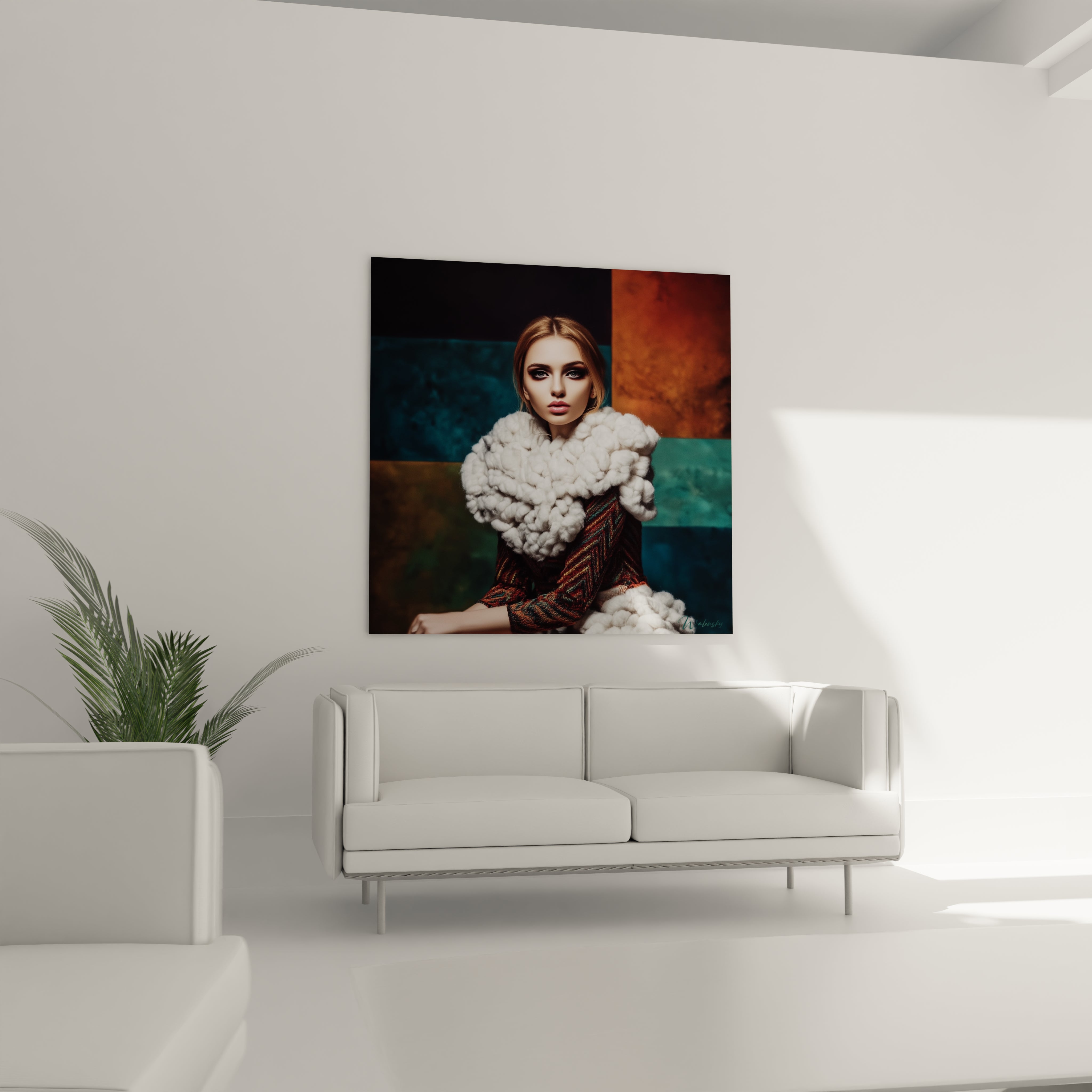 Tableau mural haute couture de Walensky représentant une femme avec un manteau élégant sur fond coloré